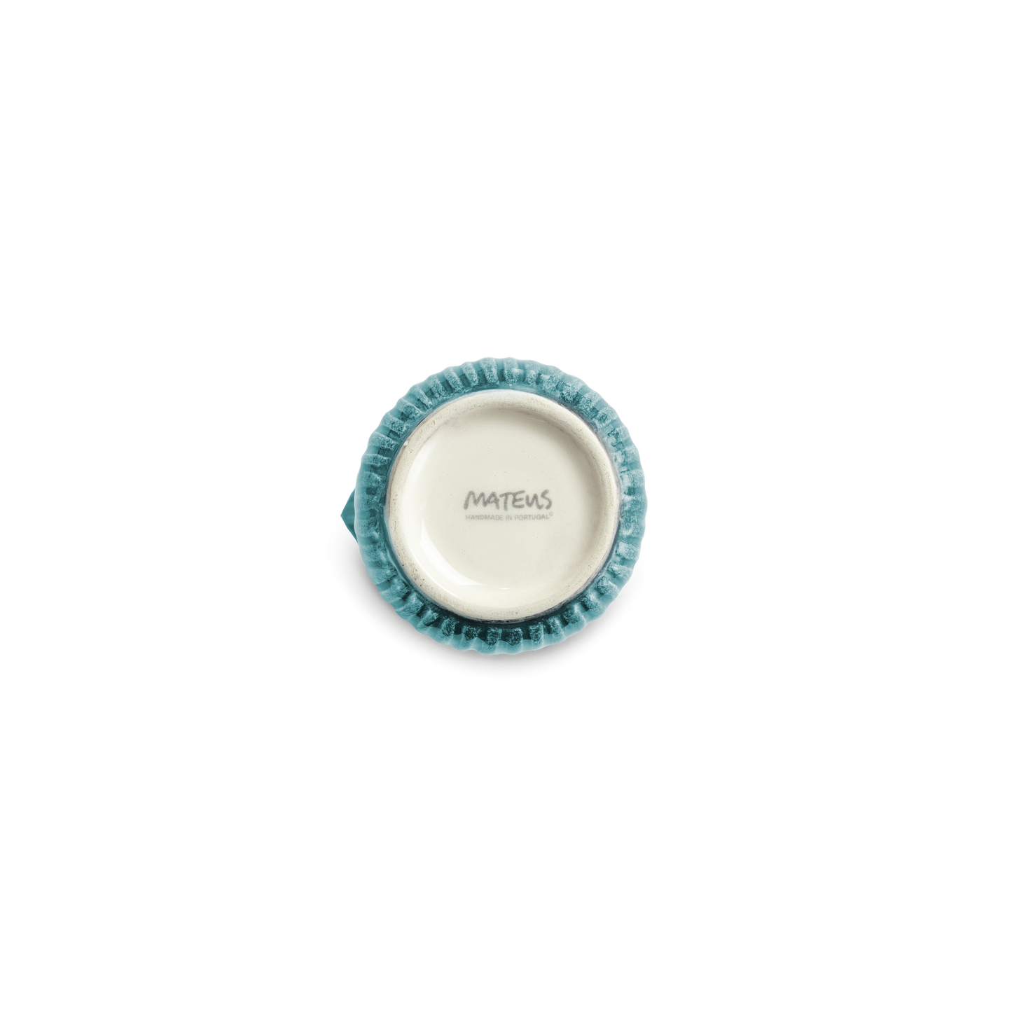 Round ceramic jug with blue rim and 'Mateus' branding on a white background