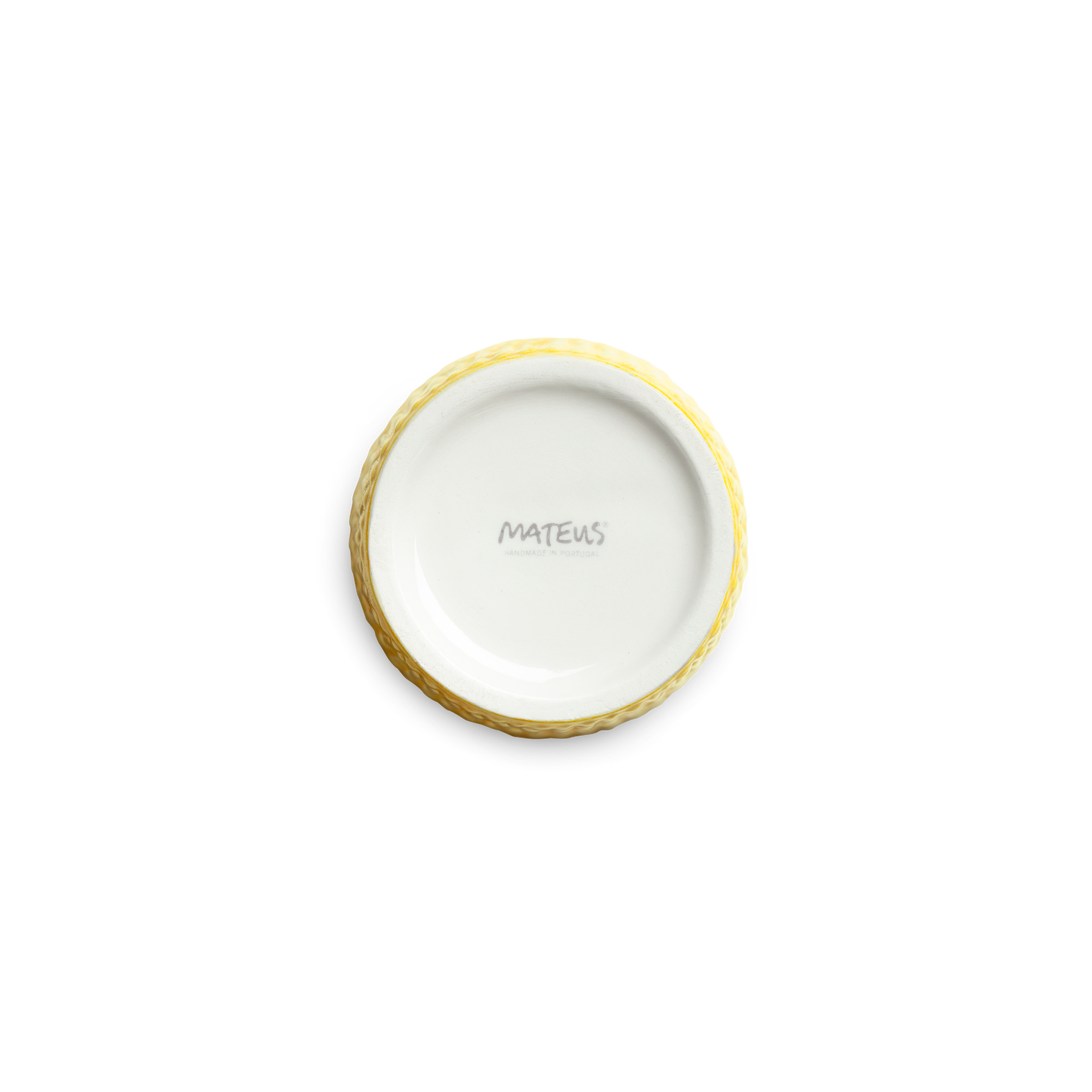 Yellow mug bottom and 'MATEUS' branding on a white background