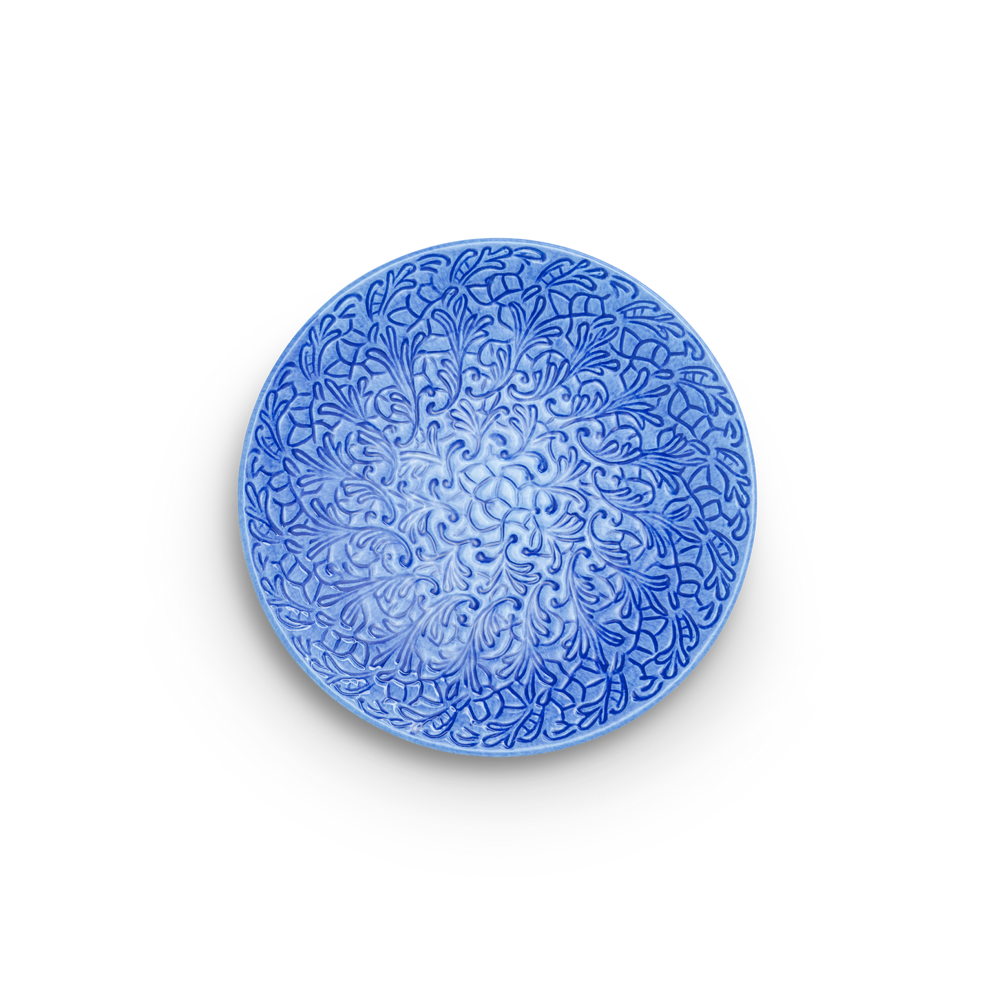 Blue decorative plate with intricate patterns on a white background