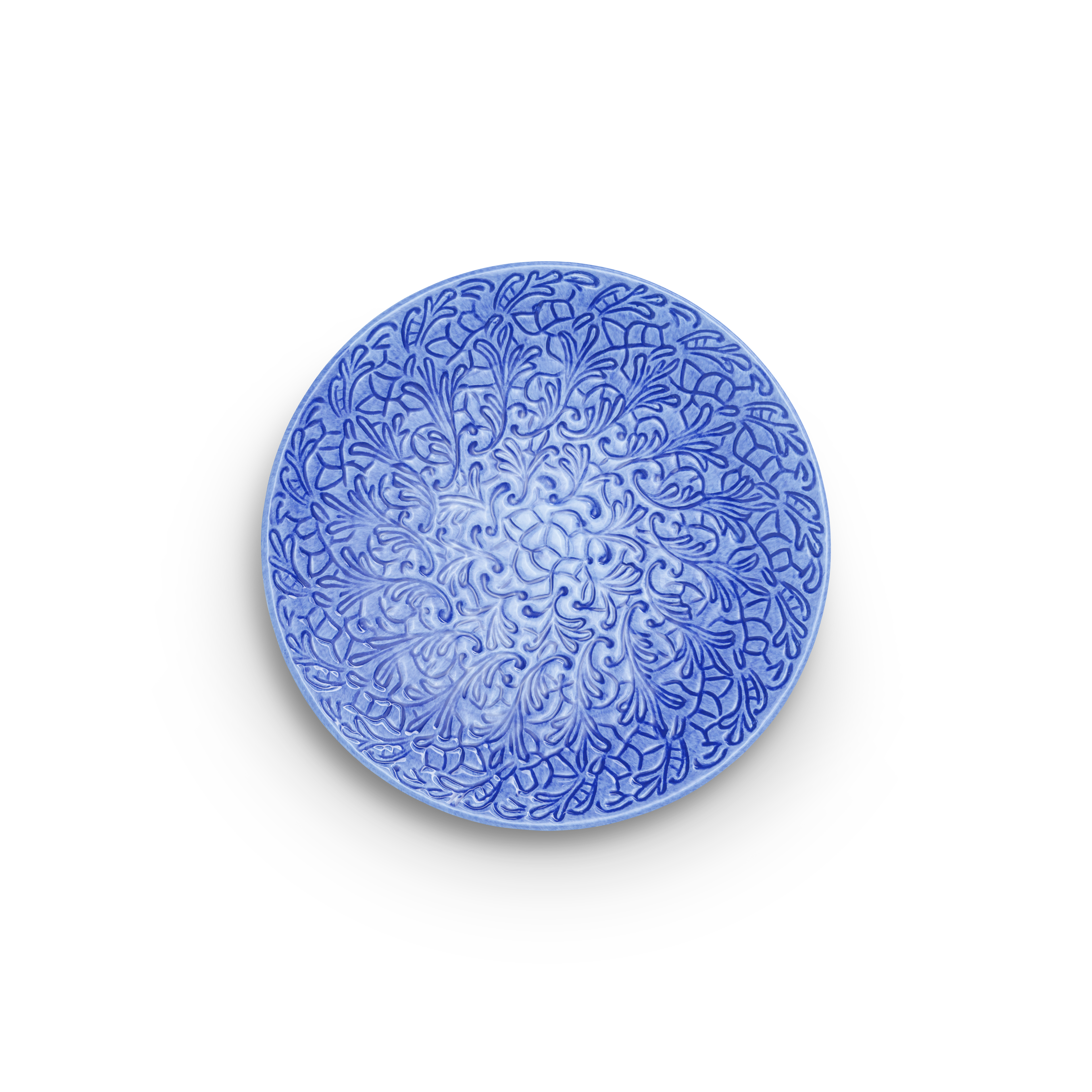 Blue decorative plate with intricate patterns on a white background