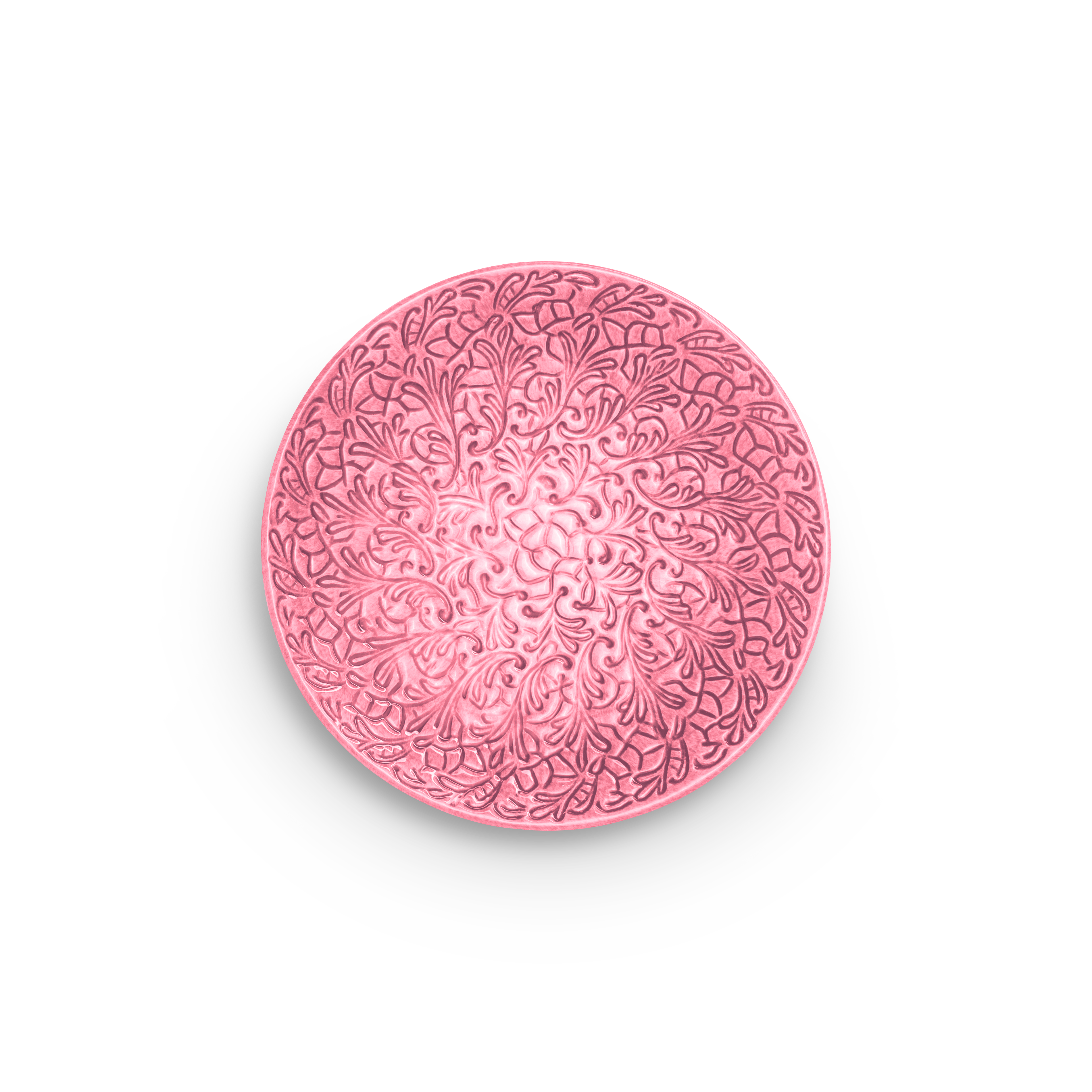 Pink decorative plate with intricate patterns on a white background