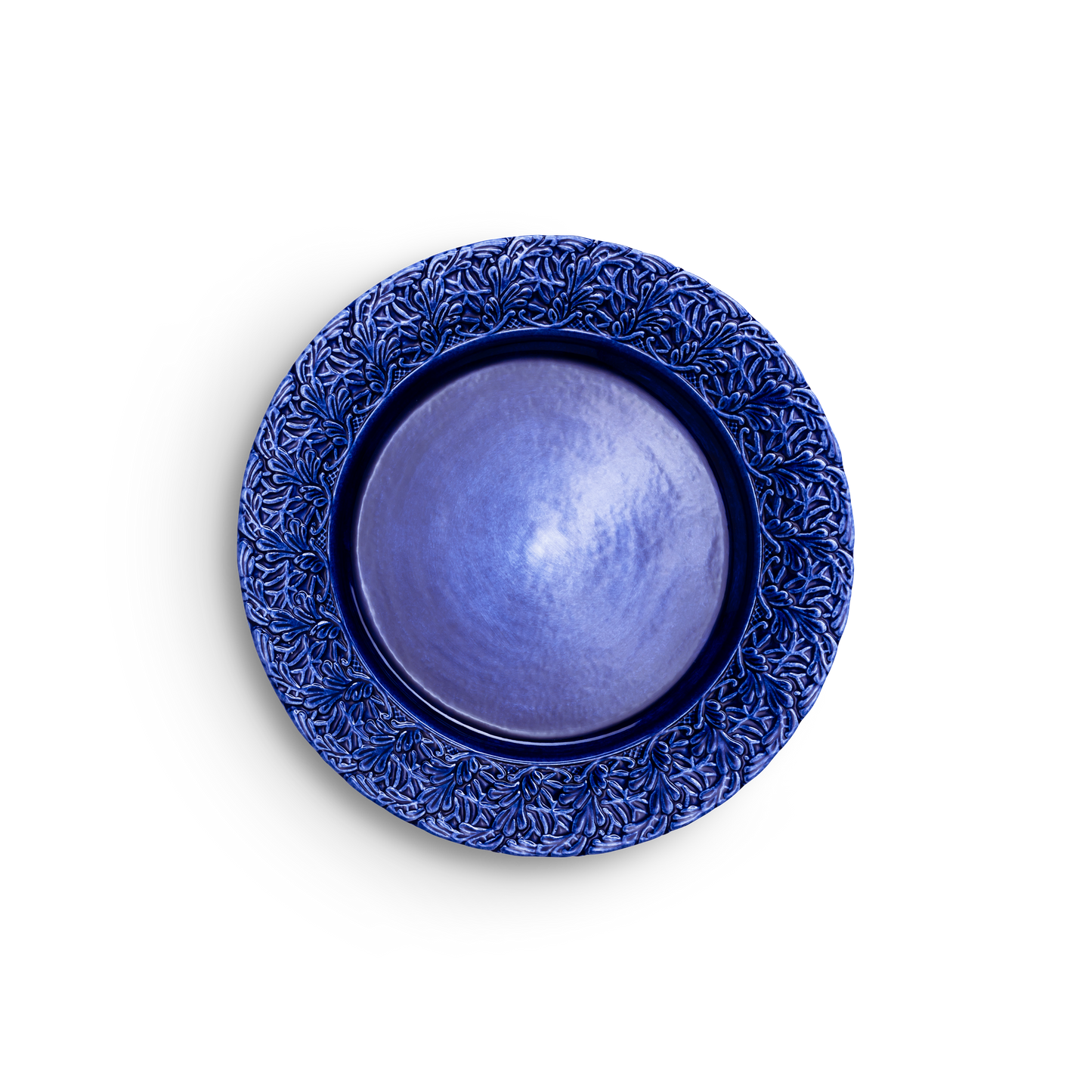 Decorative blue plate with intricate patterns on a white background