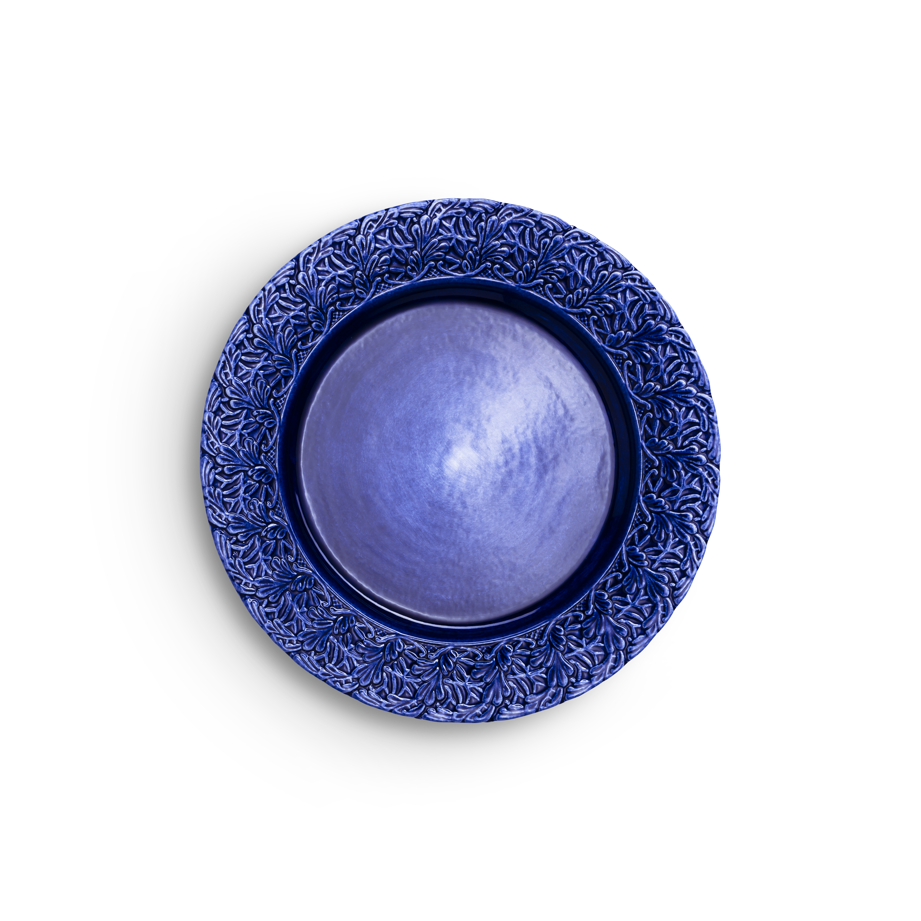 Decorative blue plate with intricate patterns on a white background