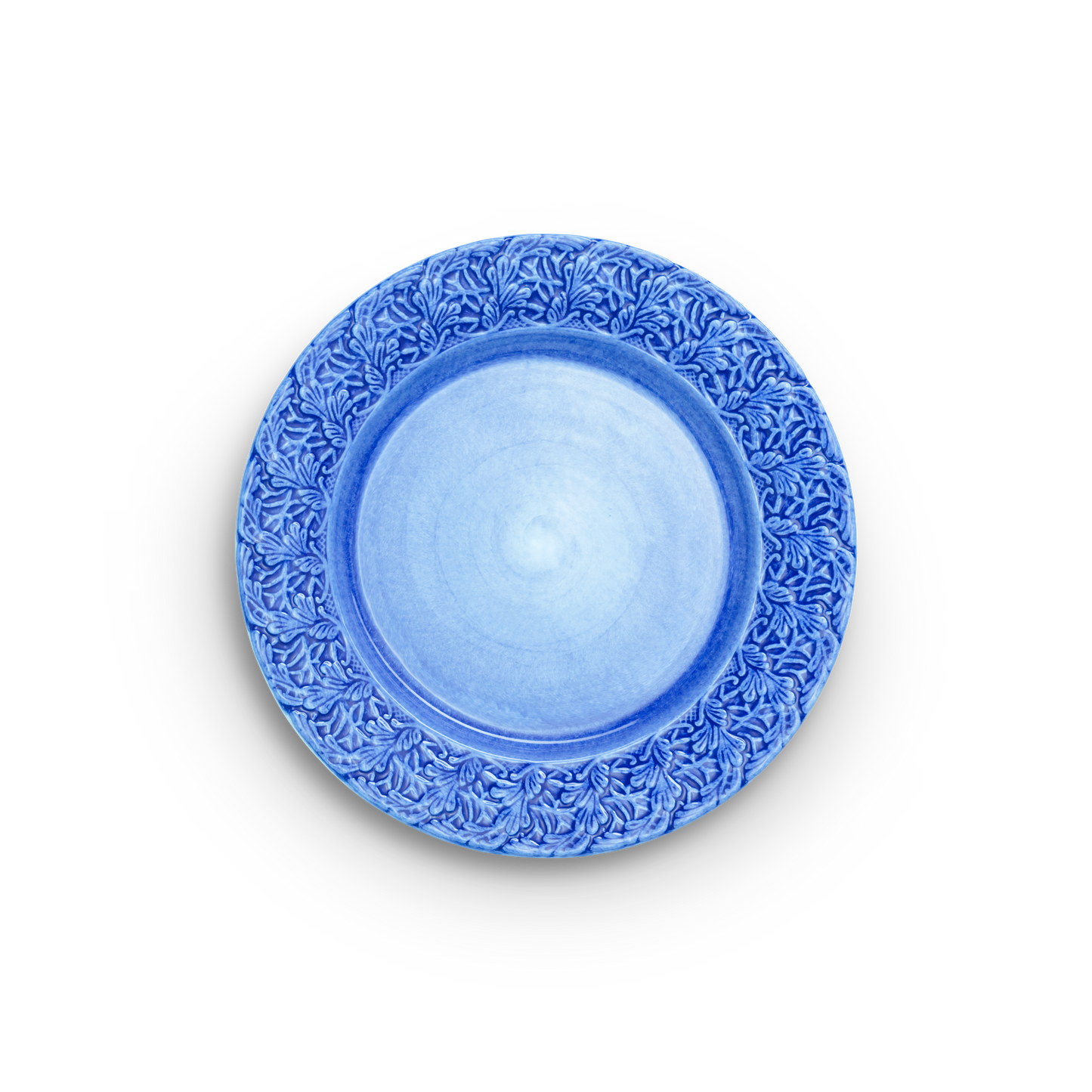 Decorative blue plate with intricate patterns on a white background