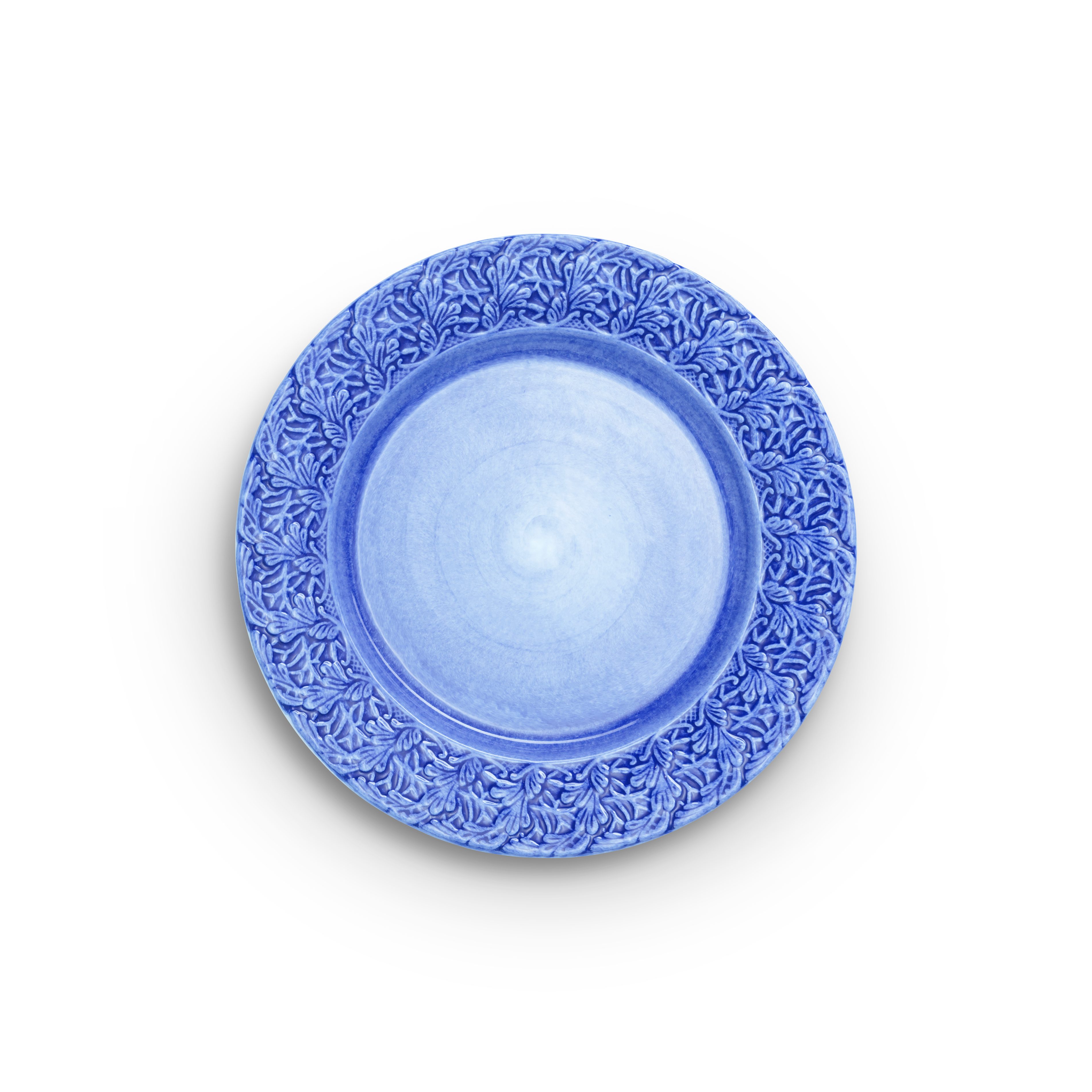 Decorative blue plate with intricate patterns on a white background