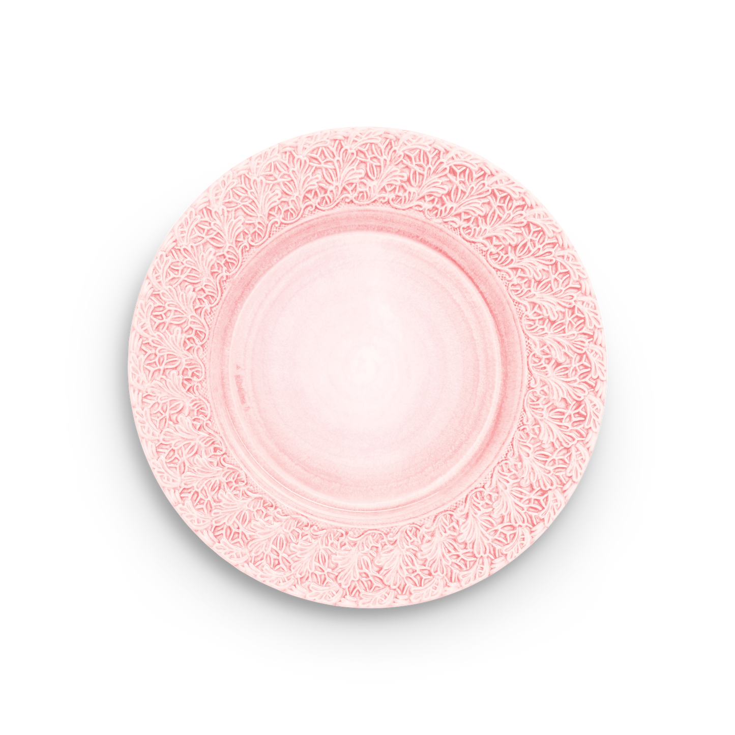 Pink decorative plate with intricate patterns on a white background
