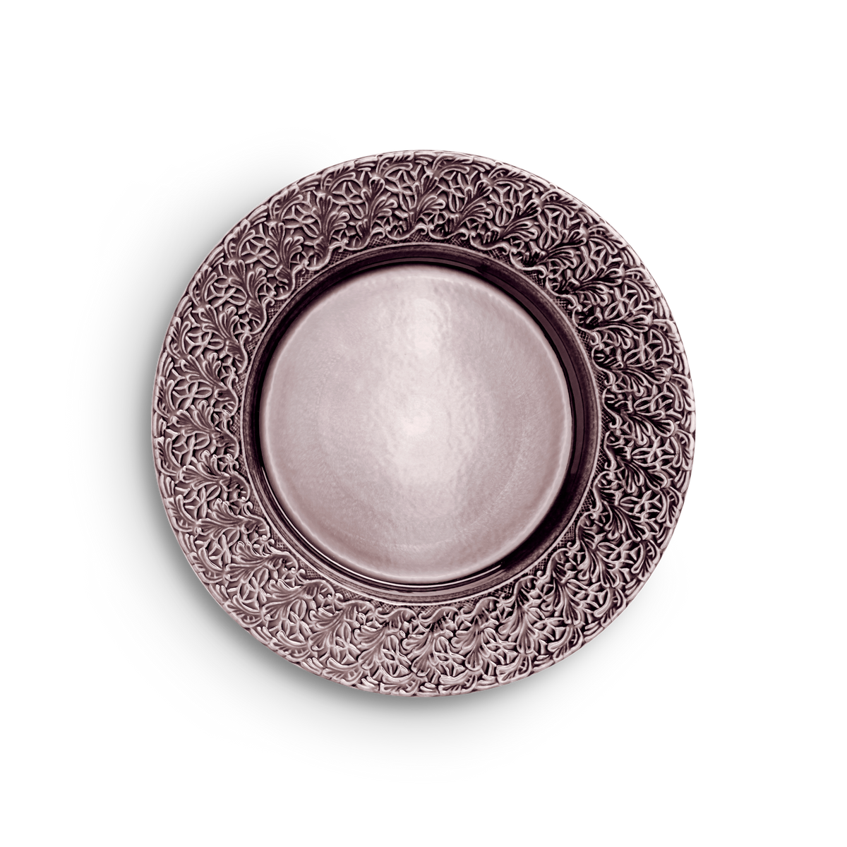 Decorative metal plate with intricate patterns on a white background