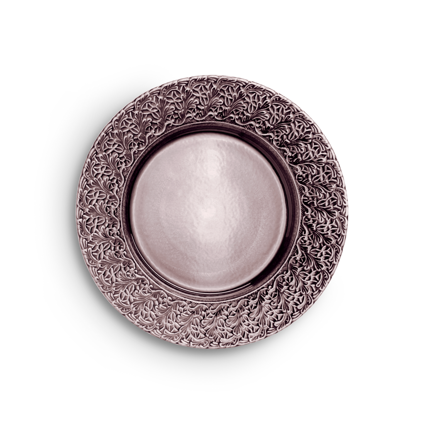 Decorative metal plate with intricate patterns on a white background