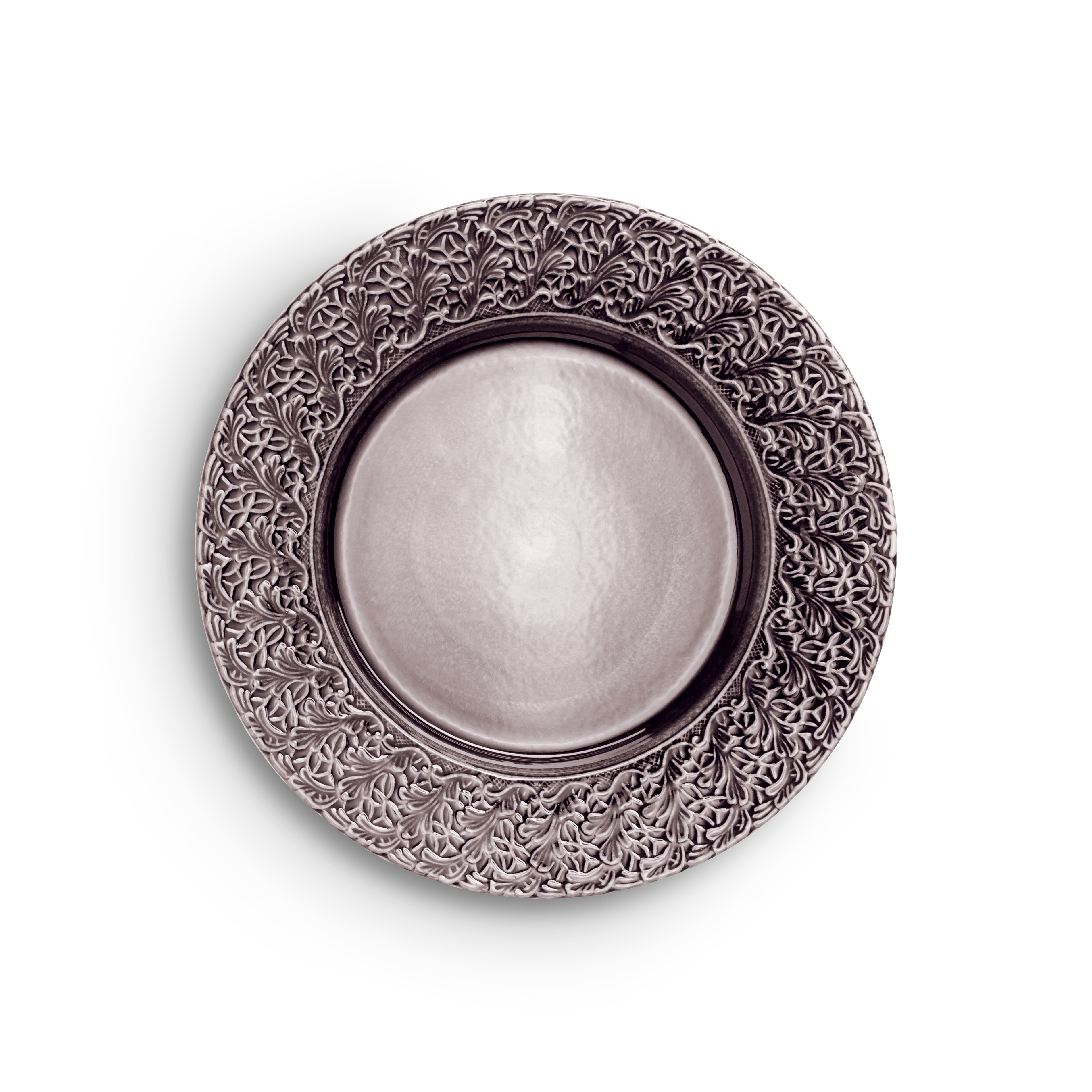 Decorative metal plate with intricate patterns on a white background