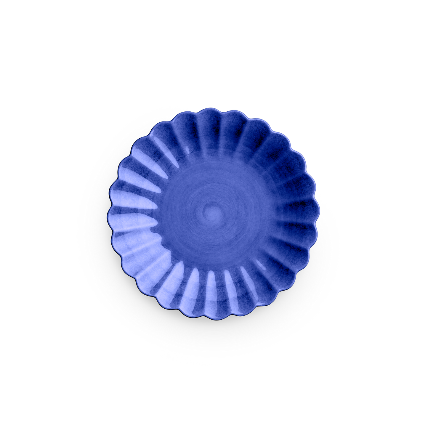 Blue decorative object with a fan-like design on a white background