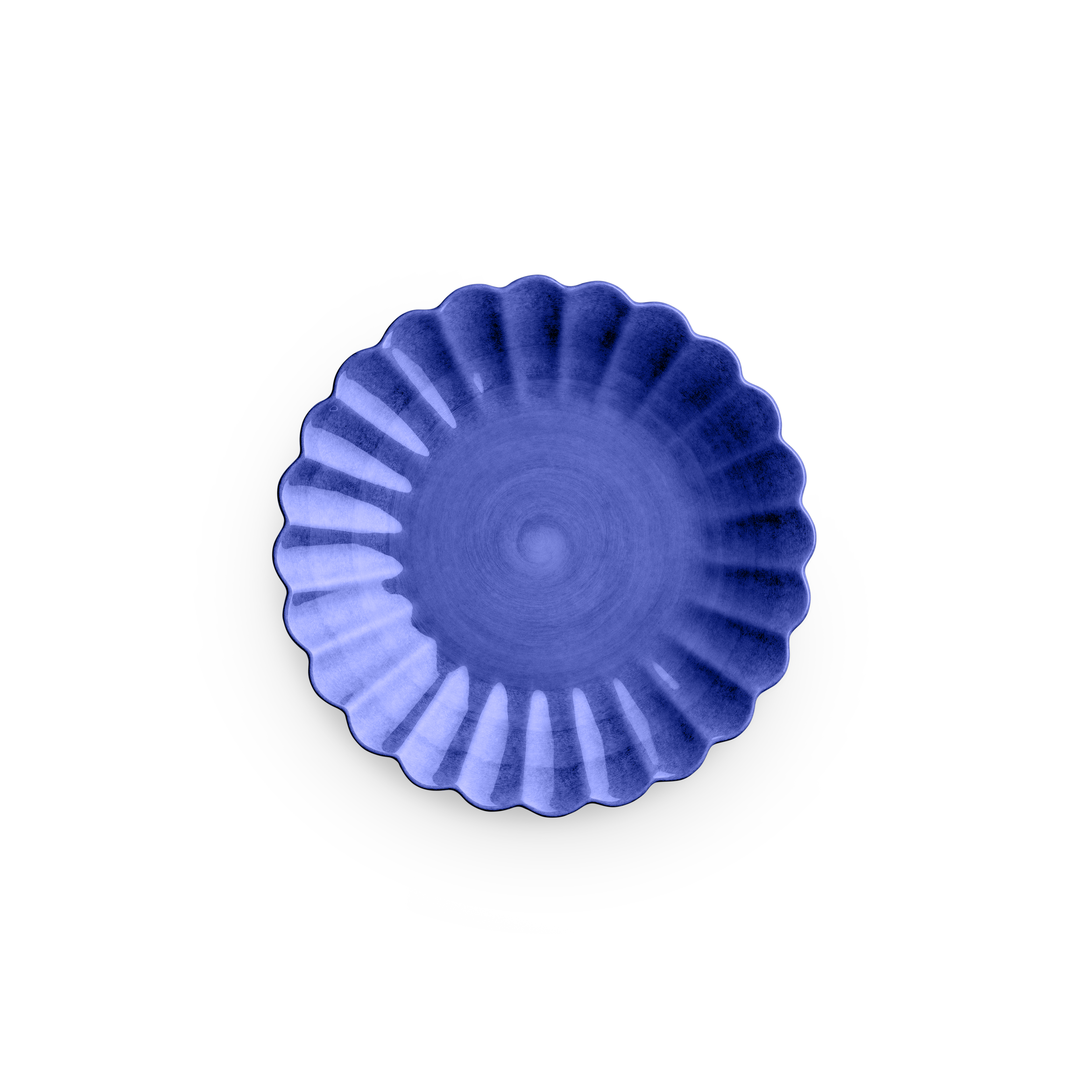 Blue decorative object with a fan-like design on a white background