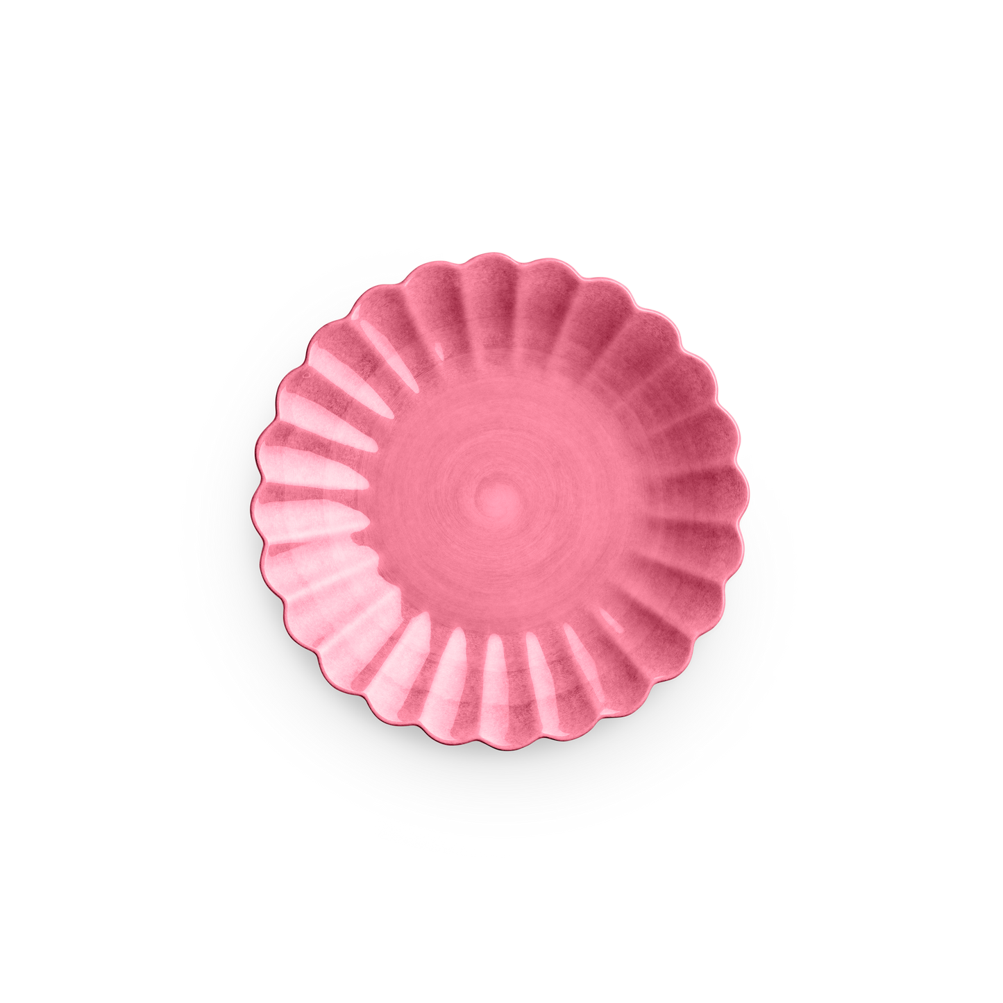 Pink decorative object with a scalloped edge on a white background