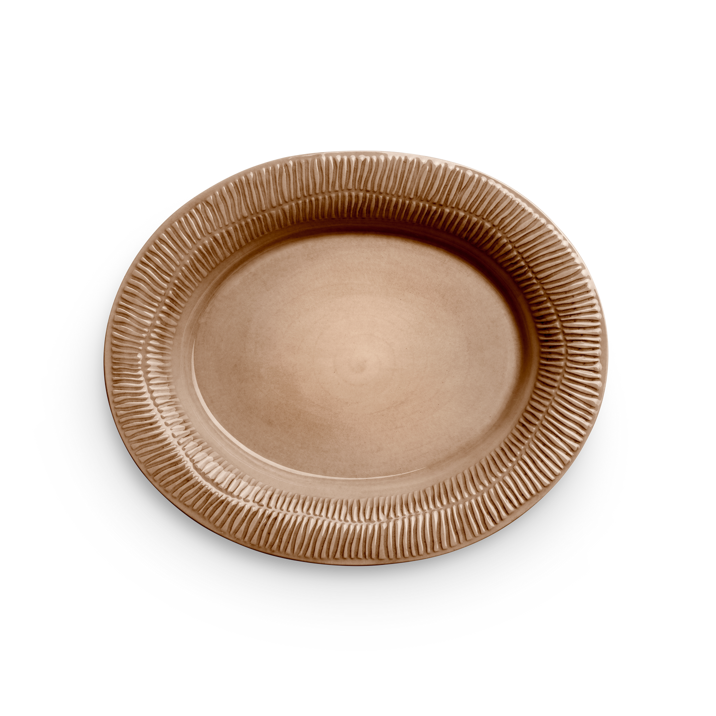 Beige ceramic plate with textured rim on a white background