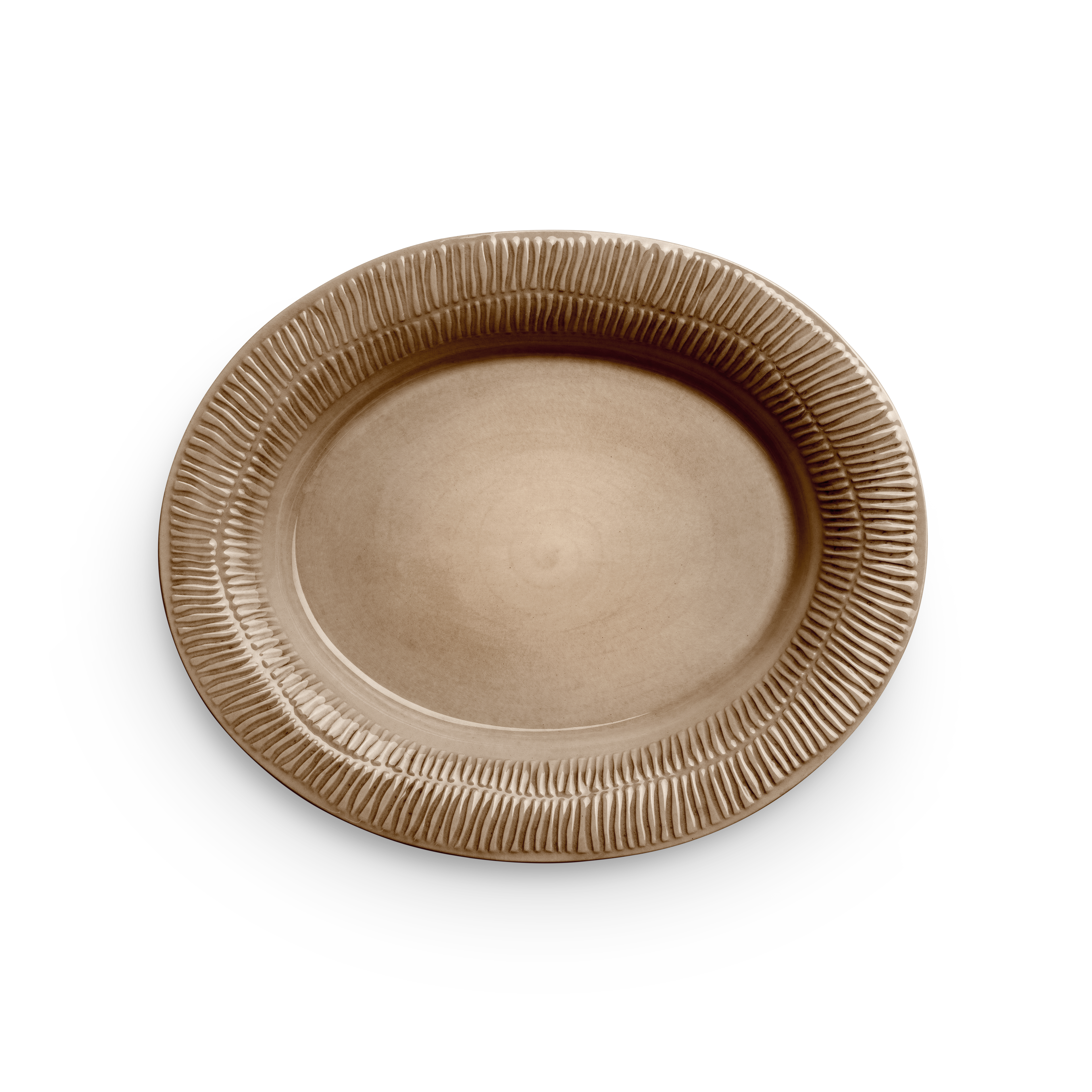 Beige ceramic plate with textured rim on a white background