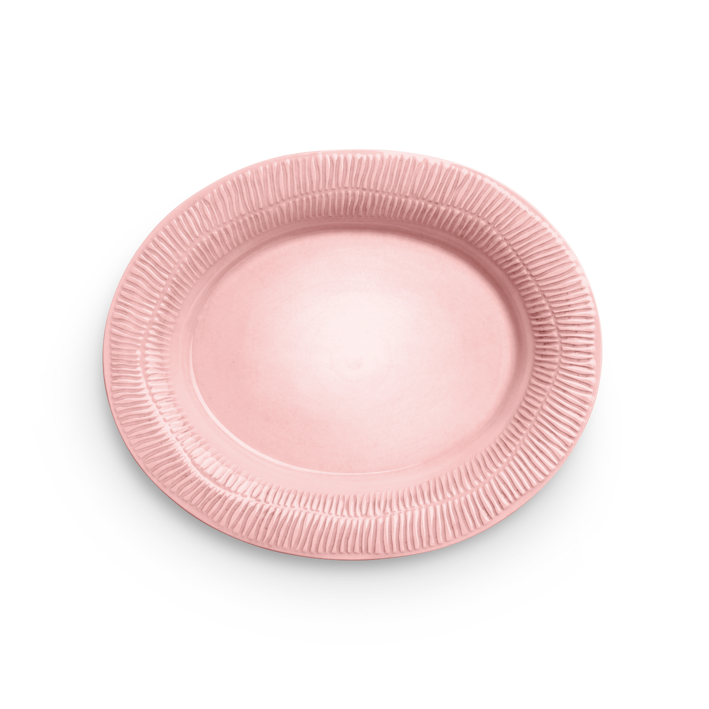 Pink ceramic plate with textured rim on a white background