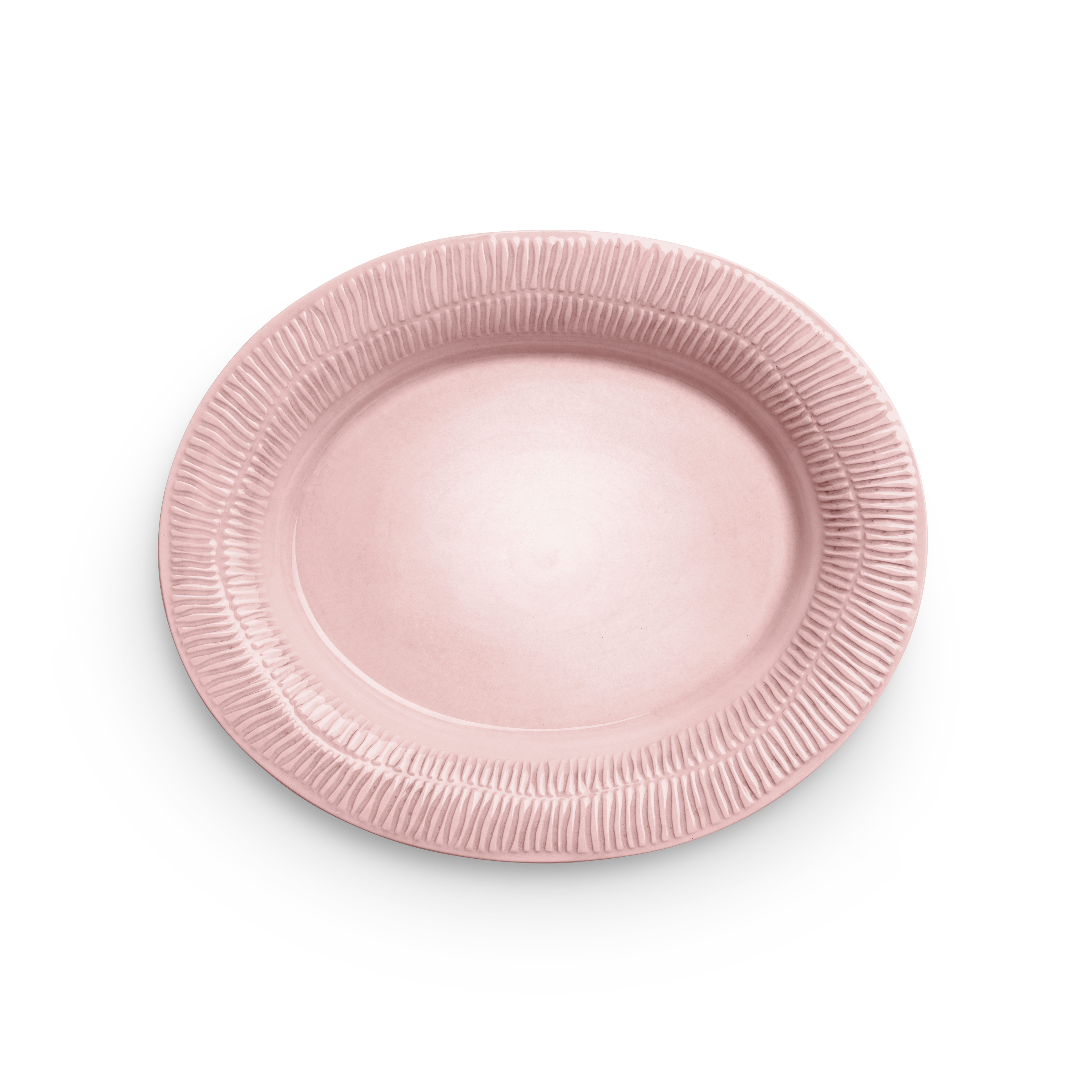 Pink ceramic plate with textured rim on a white background