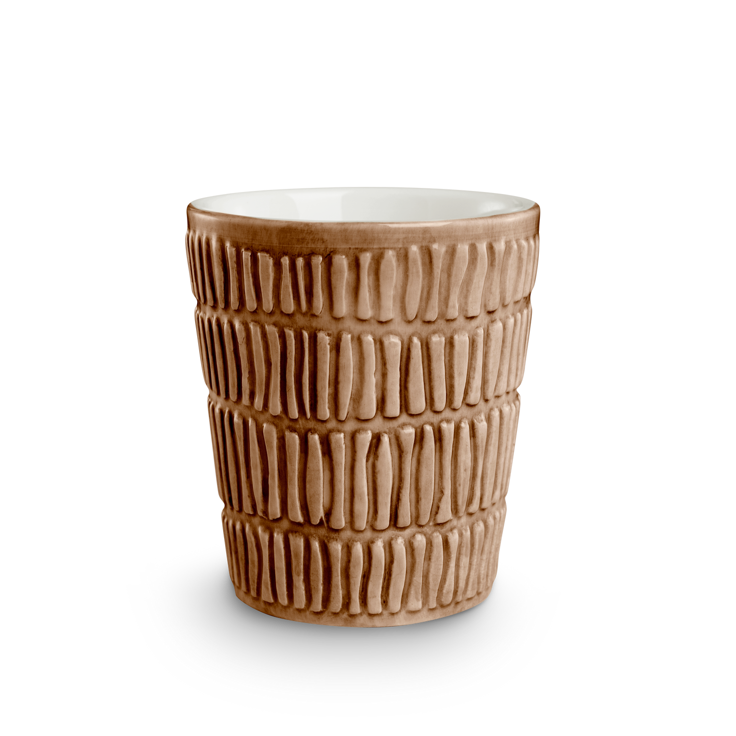 Brown textured ceramic cup on a white background