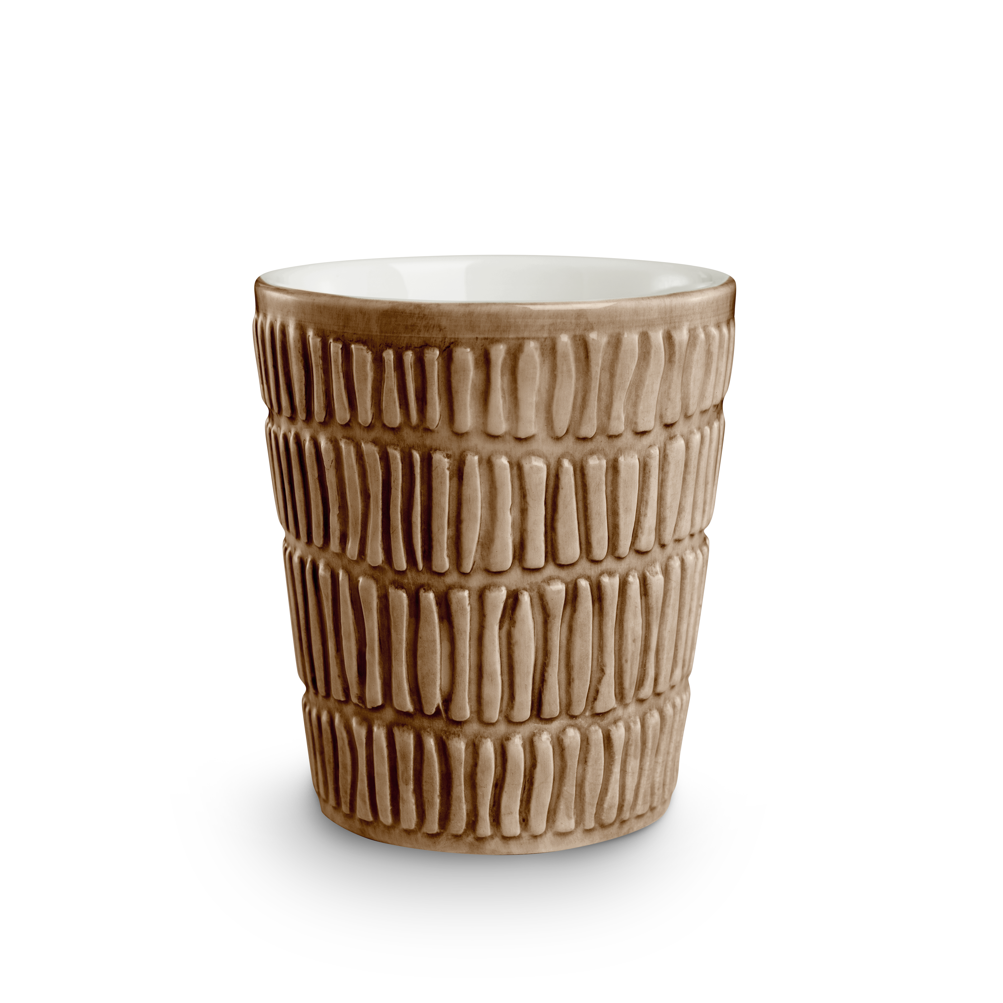 Brown textured ceramic cup on a white background