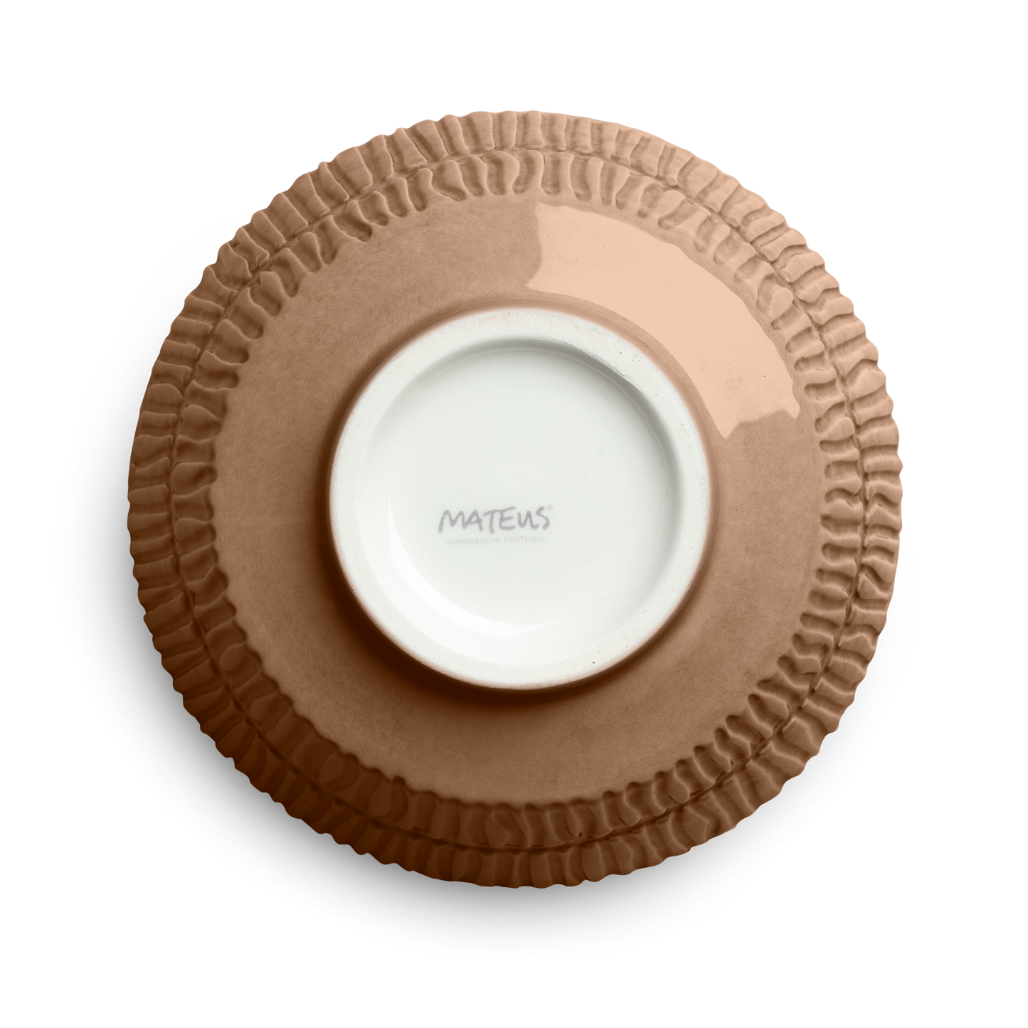 Brown textured plate with a white center plate featuring 'Mateus' branding on a white background