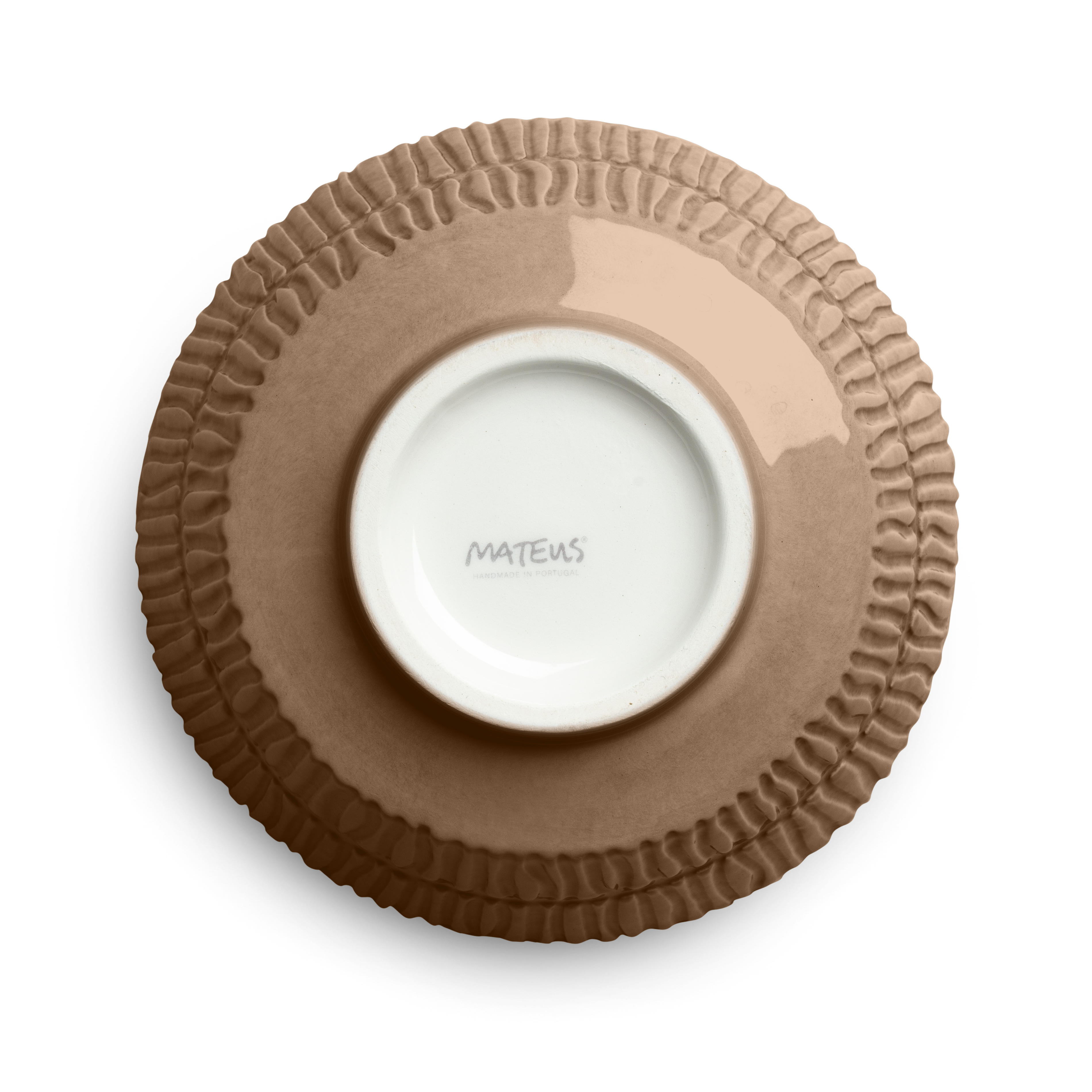 Brown textured plate with a white center plate featuring 'Mateus' branding on a white background