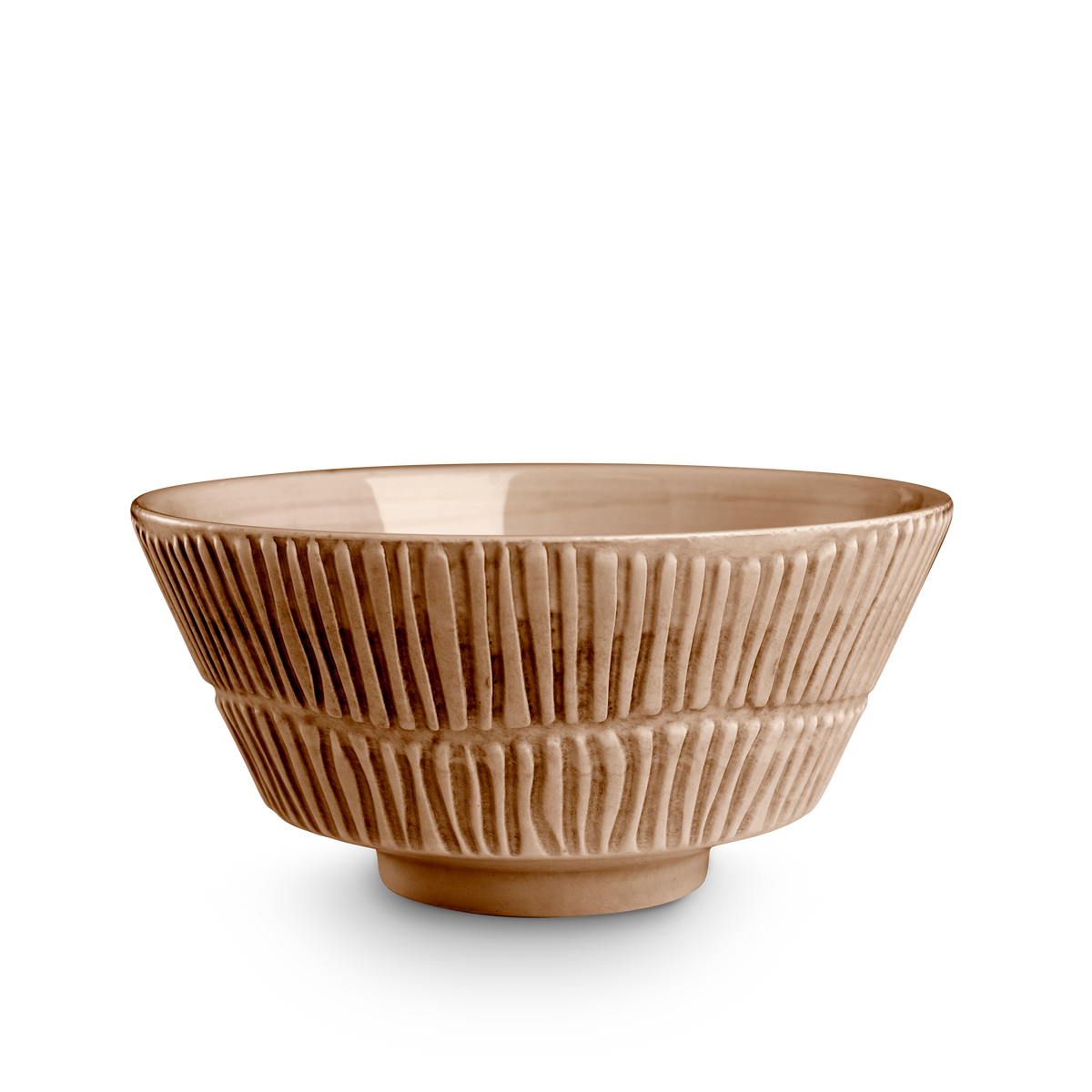 Brown ceramic bowl with textured design on a white background