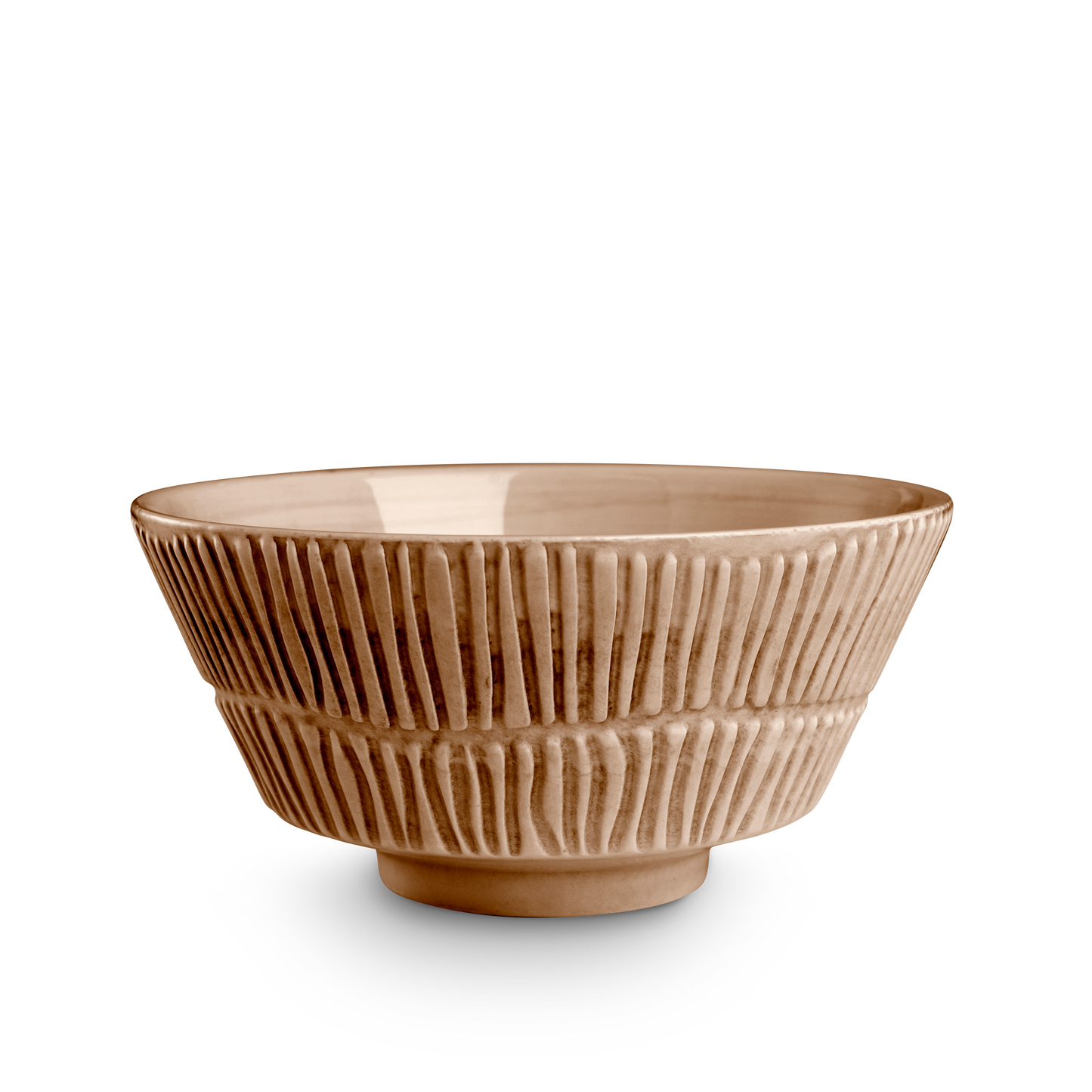 Brown ceramic bowl with textured design on a white background