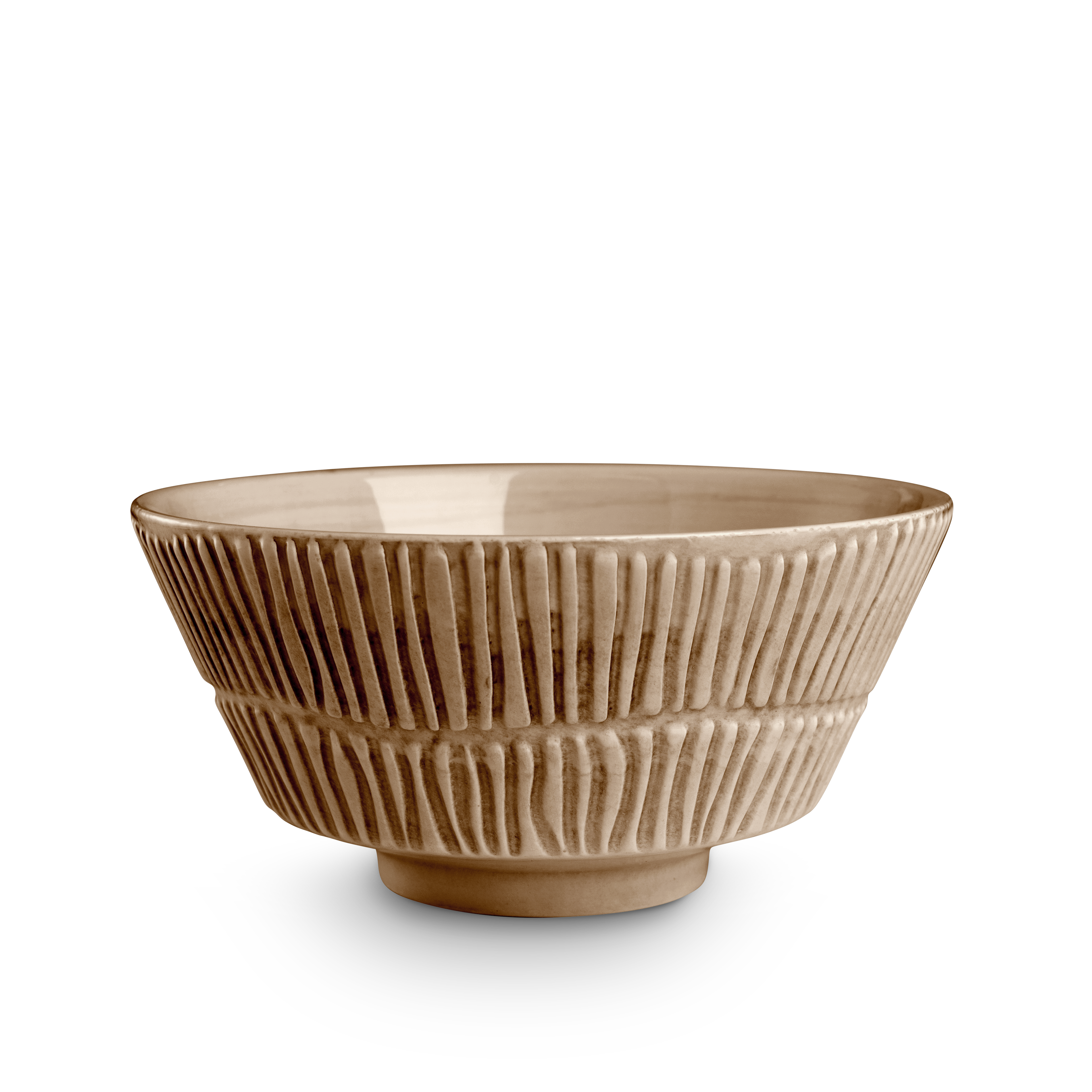 Brown ceramic bowl with textured design on a white background