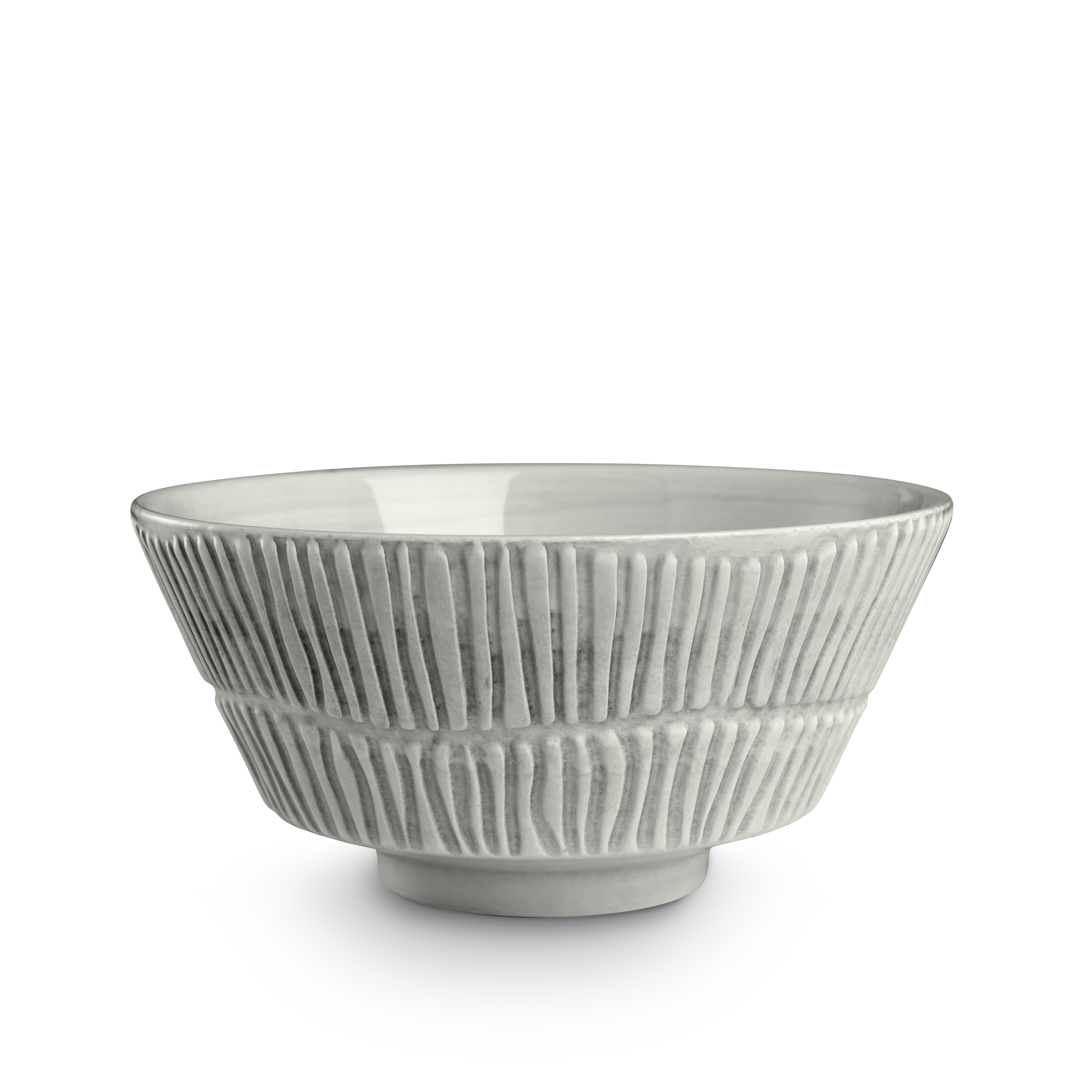 Gray ceramic bowl with textured design on a white background