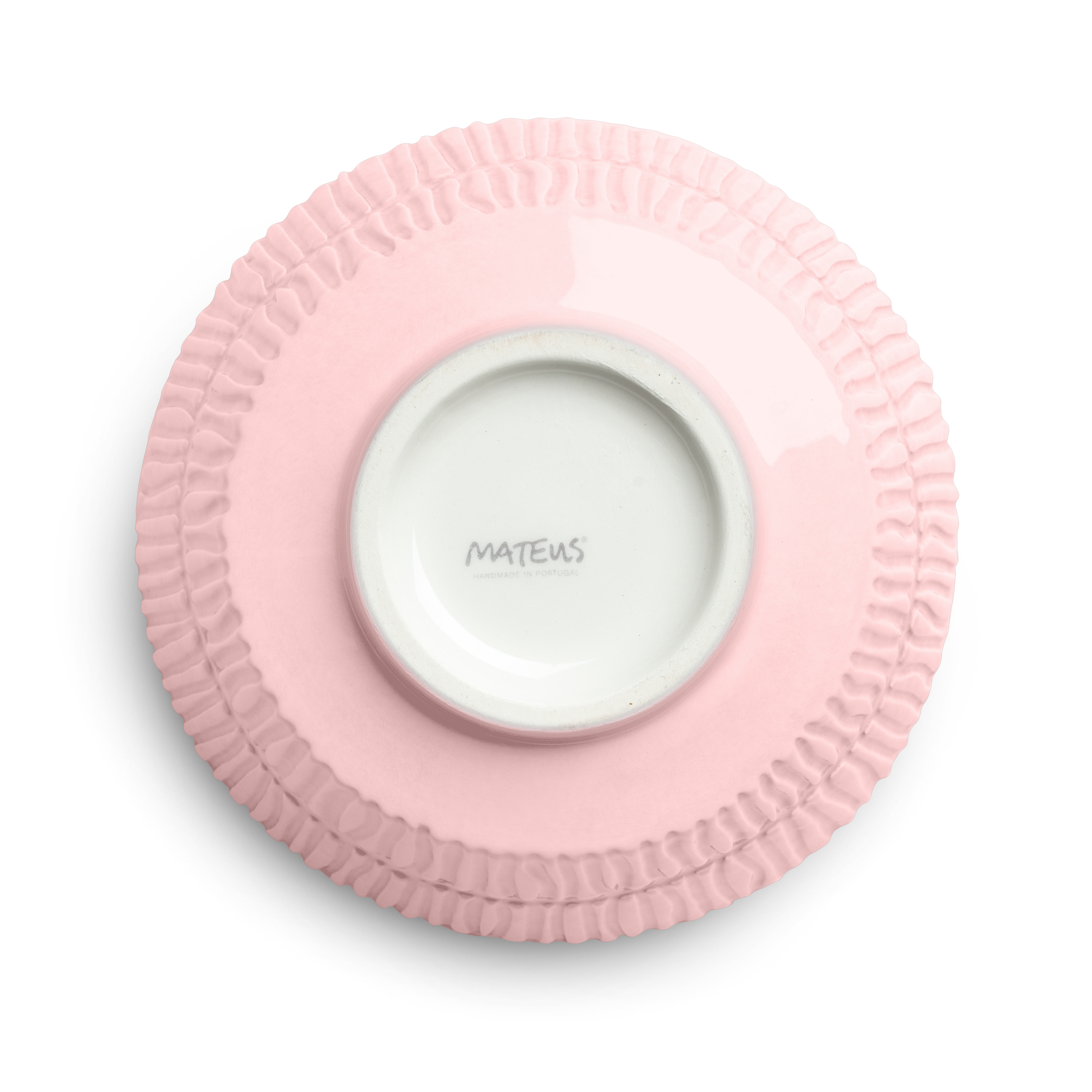 Pink ceramic plate with textured rim and white center displaying 'Mateus' brand name on a white background