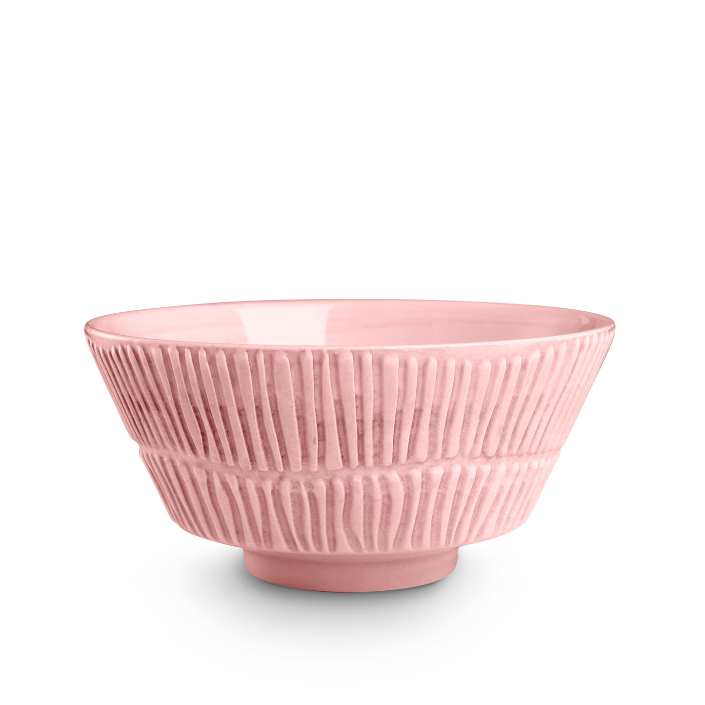 Pink ceramic bowl with textured design on a white background