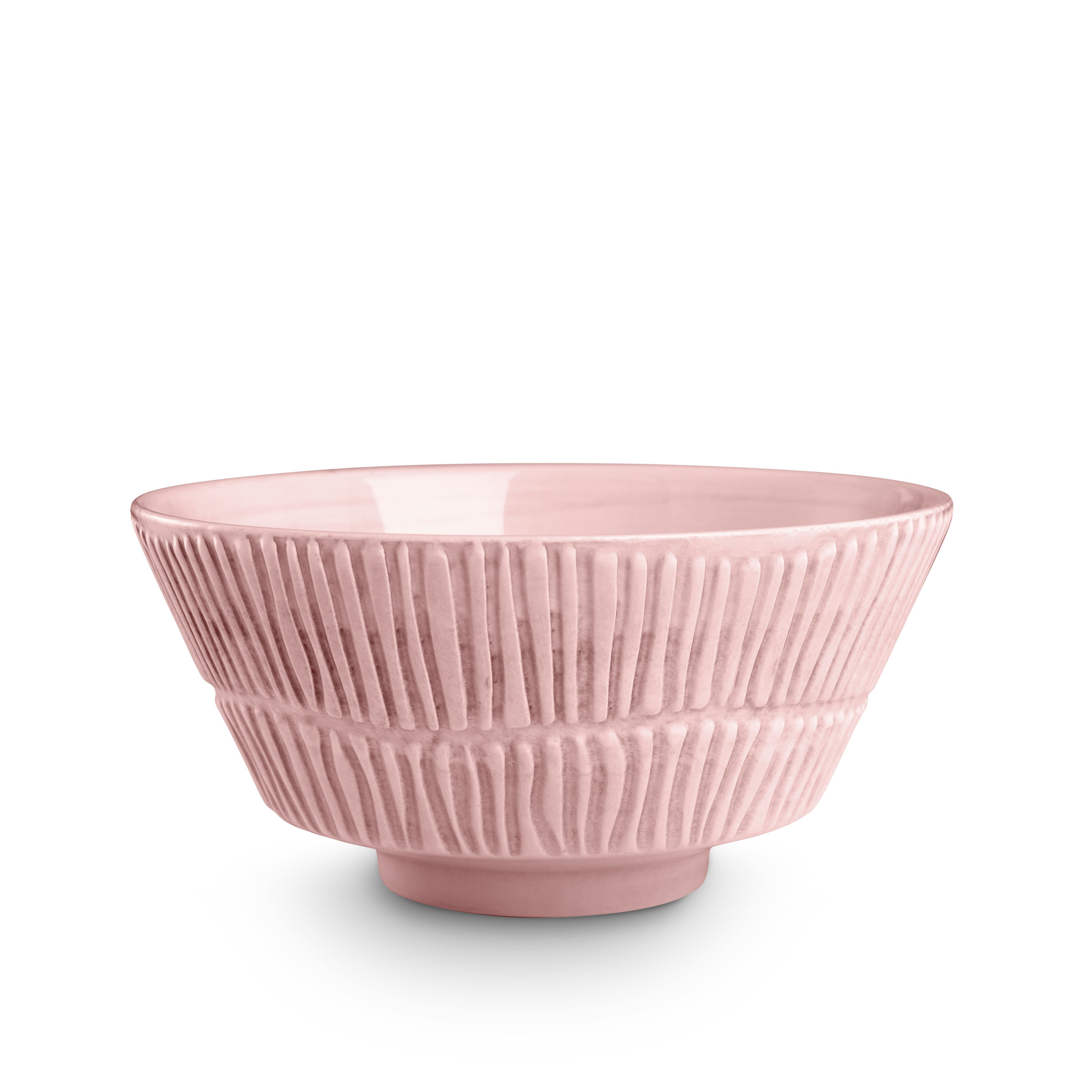 Pink ceramic bowl with textured design on a white background