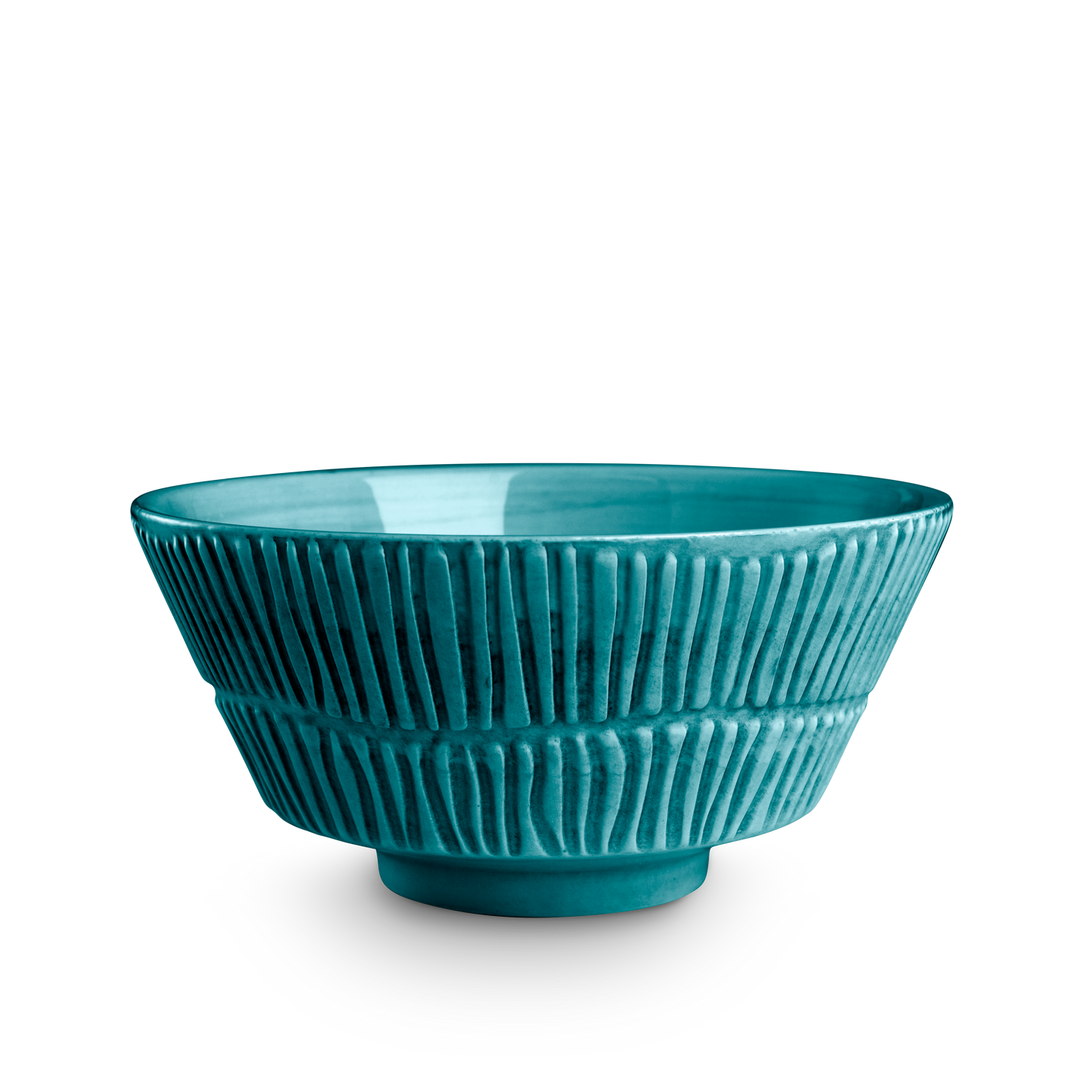 Teal ceramic bowl with textured design on a white background