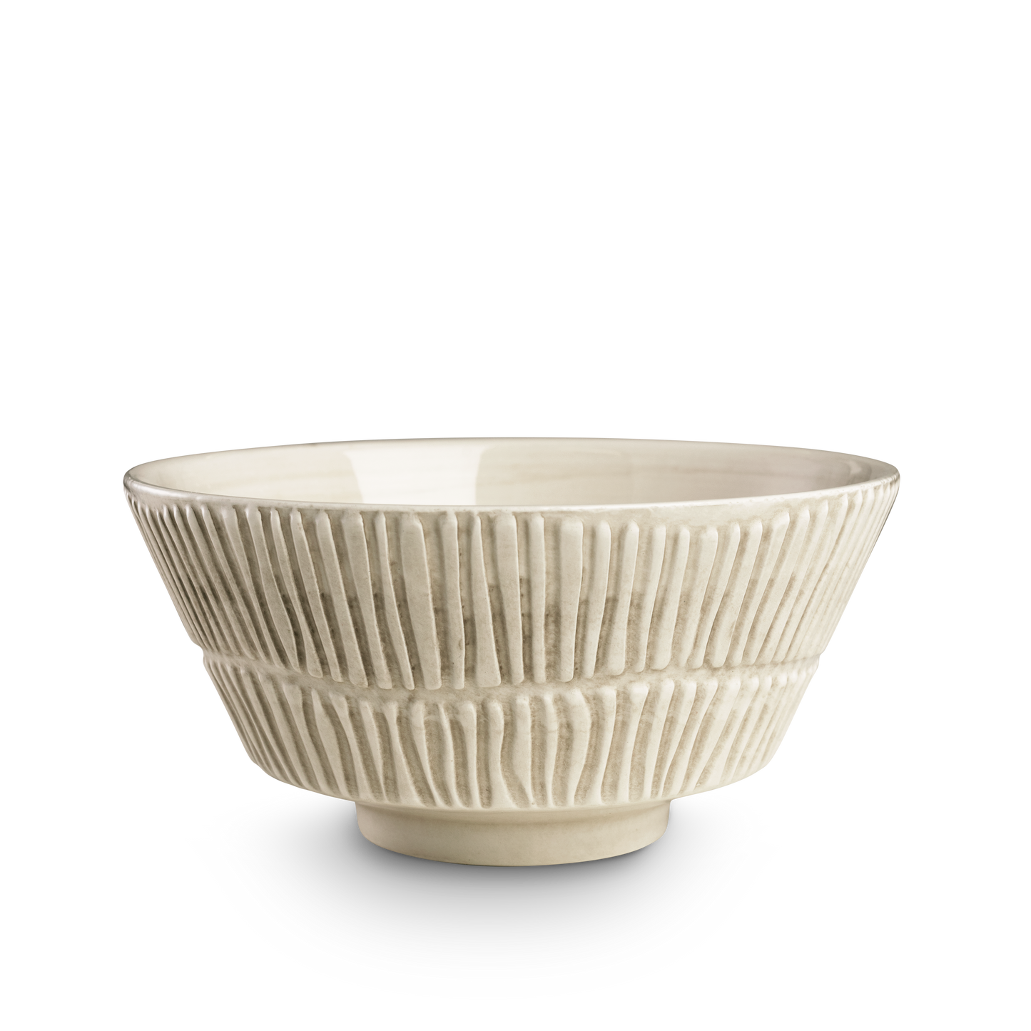 Beige ceramic bowl with textured design on a white background