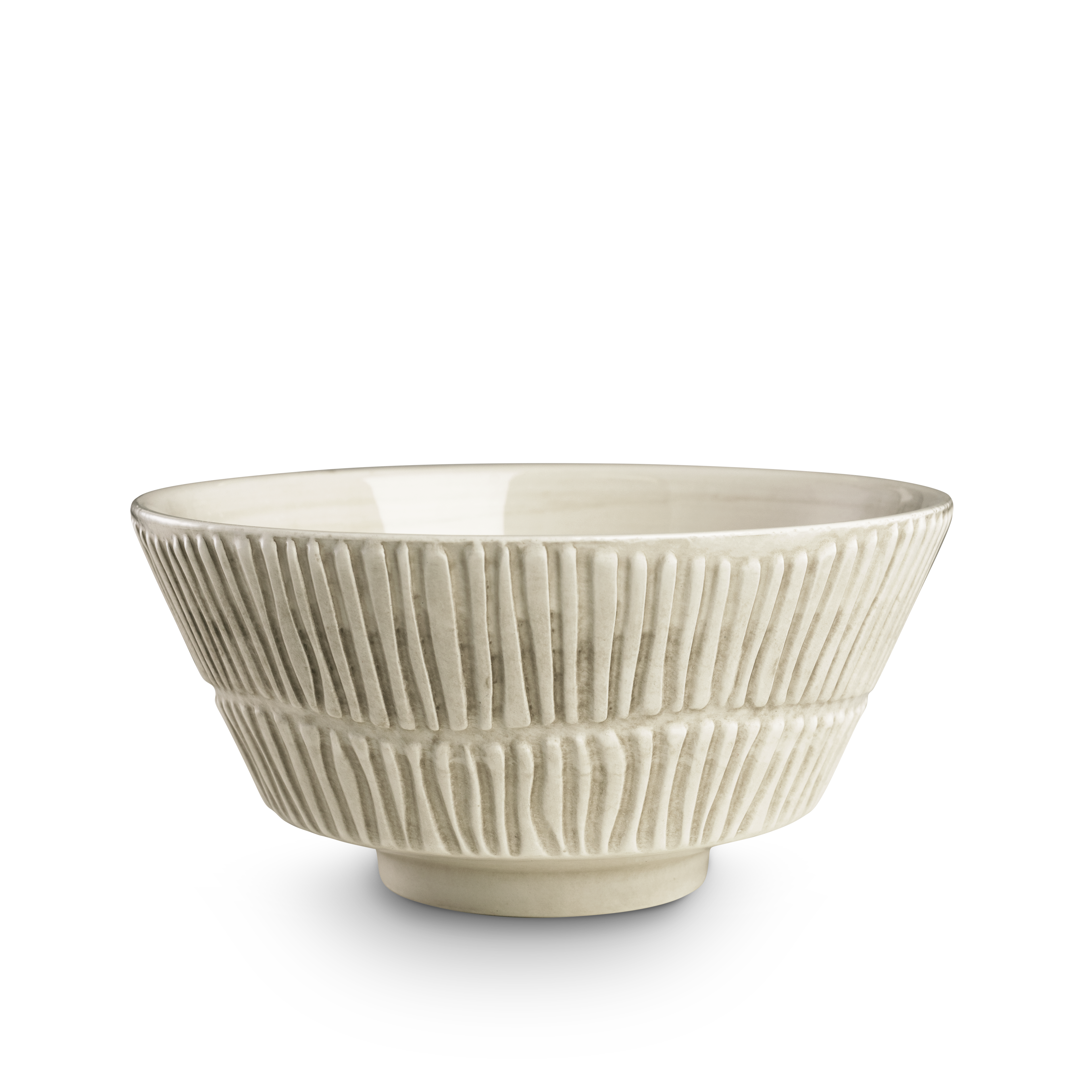 Beige ceramic bowl with textured design on a white background