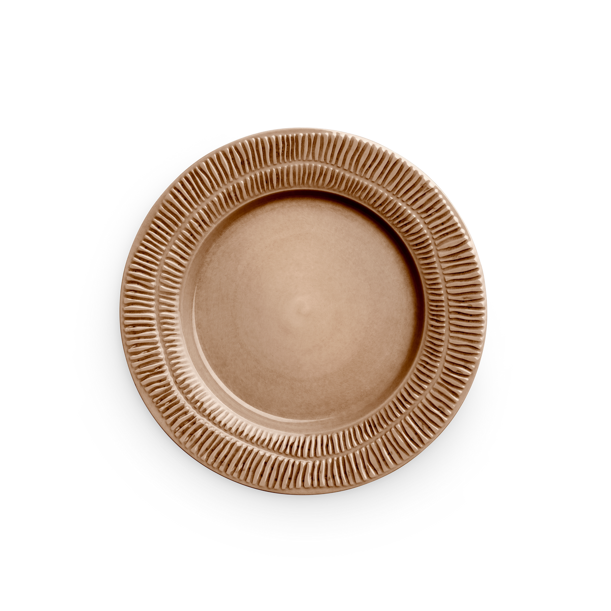 Brown ceramic plate with textured rim on a white background