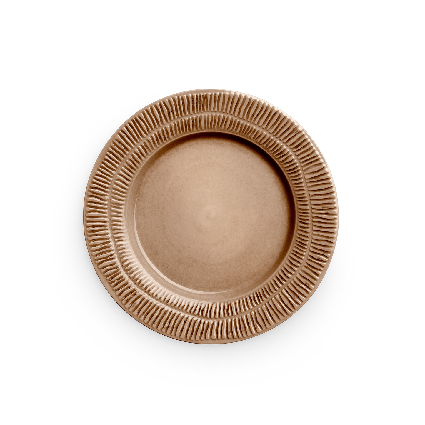 Brown ceramic plate with textured rim on a white background