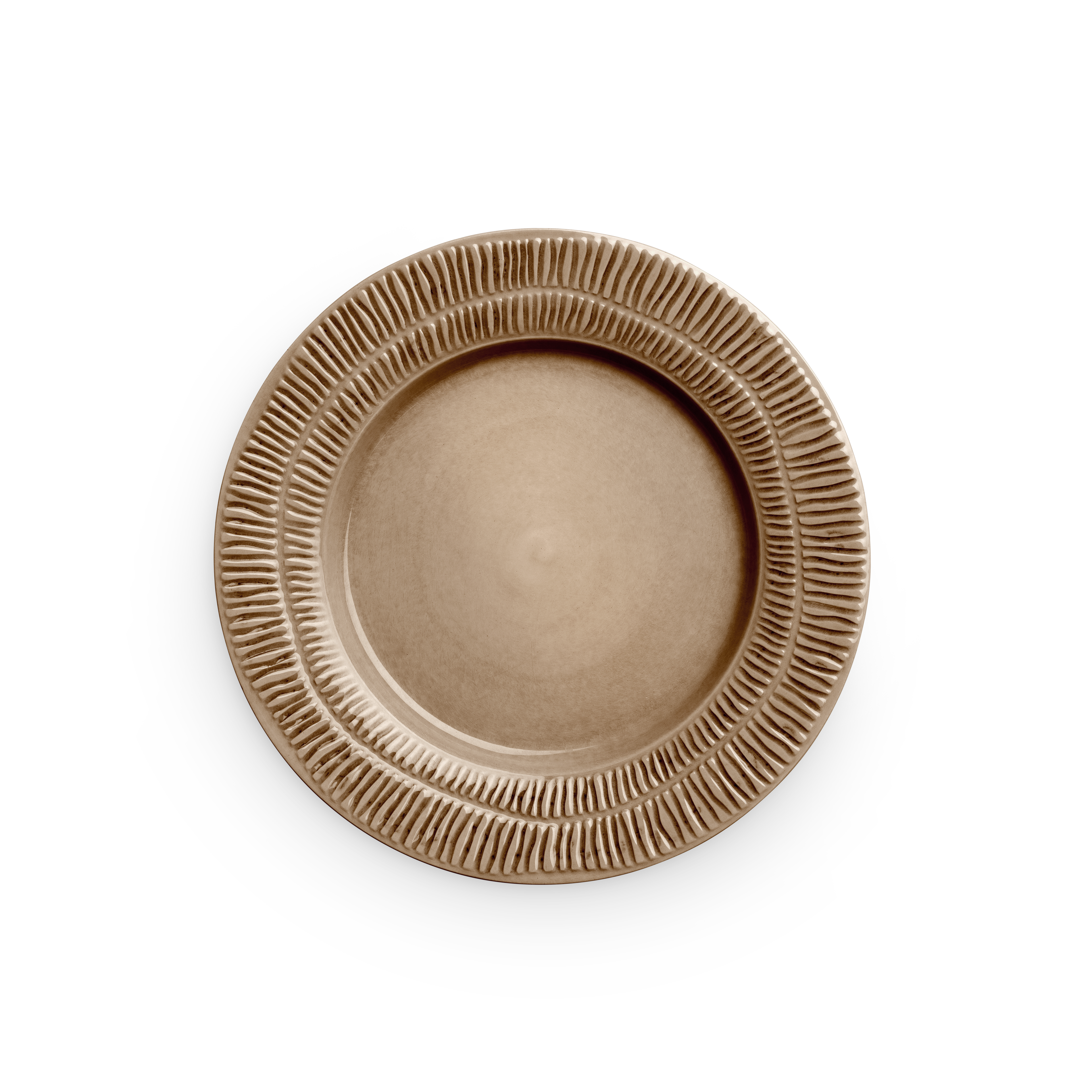Brown ceramic plate with textured rim on a white background