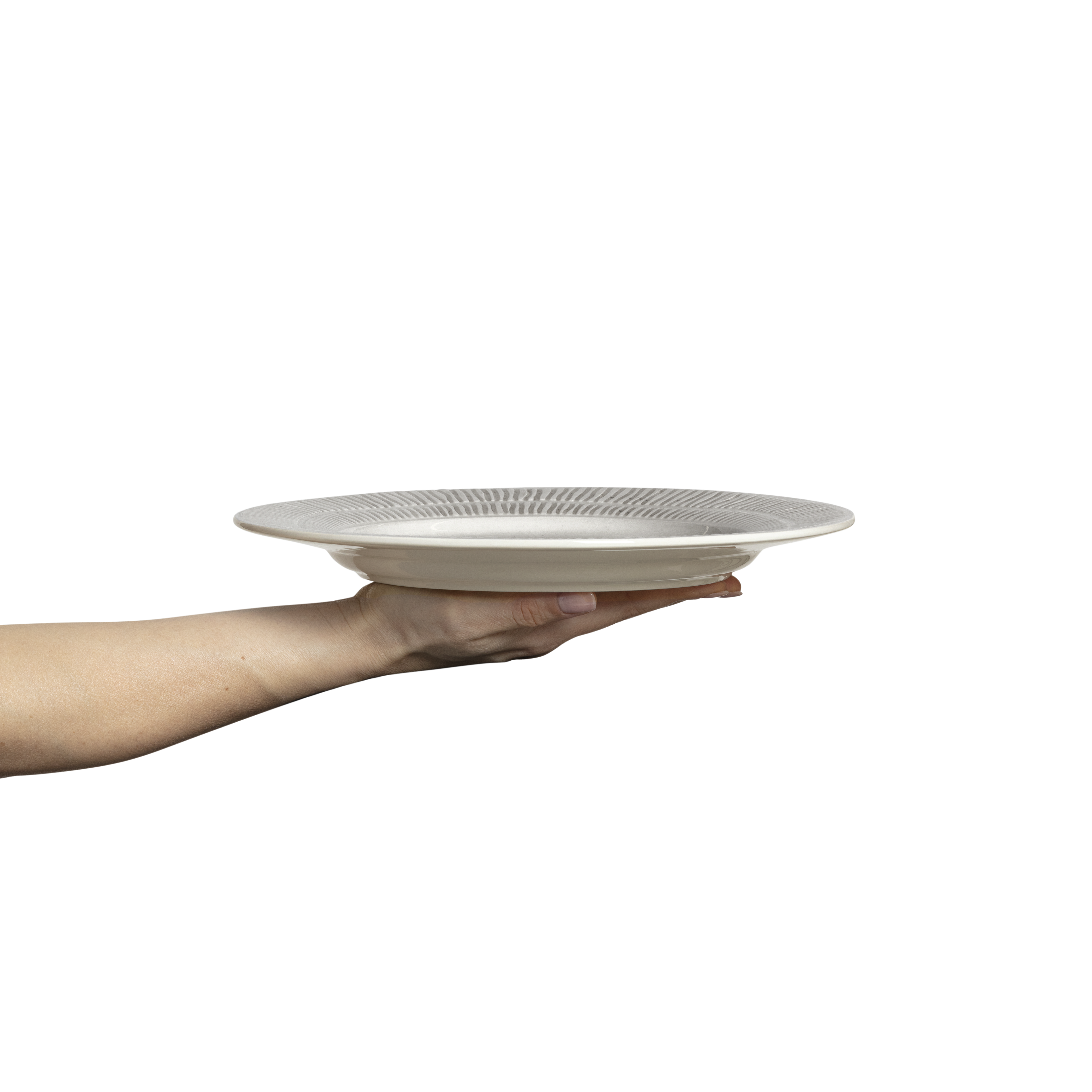 Hand holding a white ceramic plate with decorative patterns on a white background