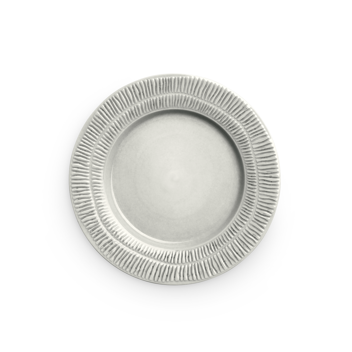 grey decorative plate with textured rim on a white background