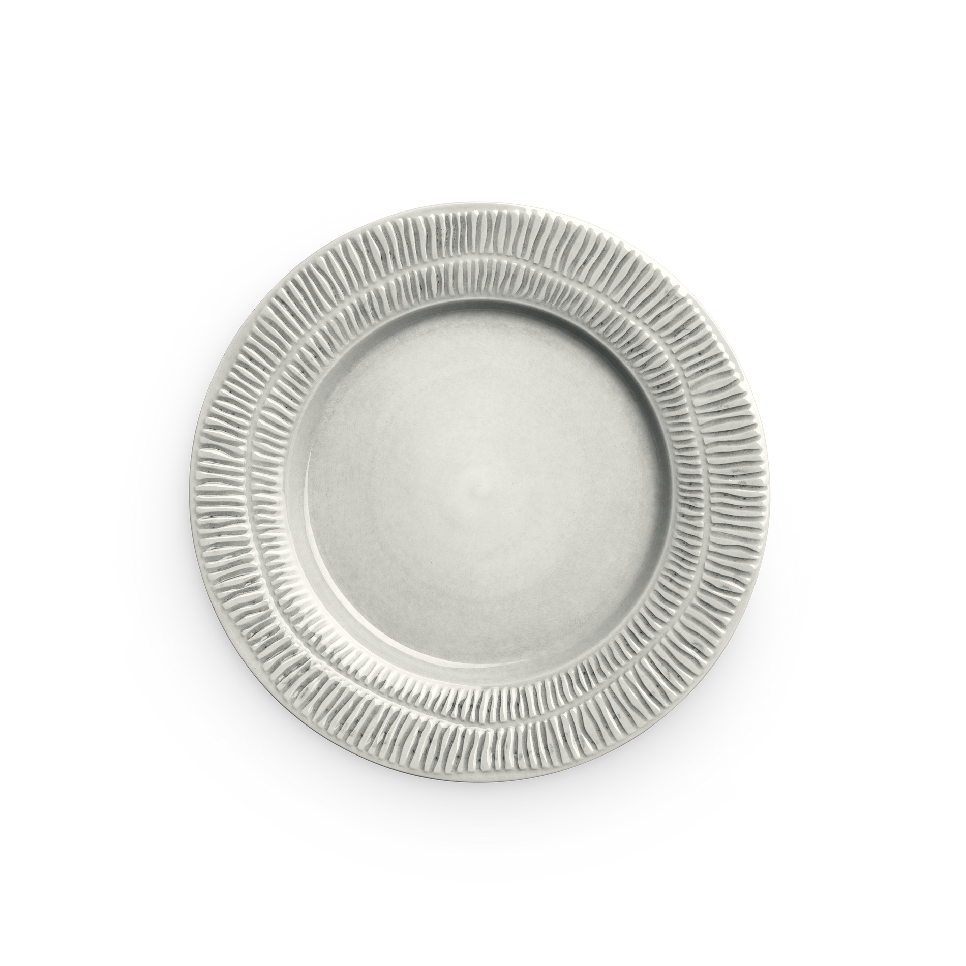 grey decorative plate with textured rim on a white background