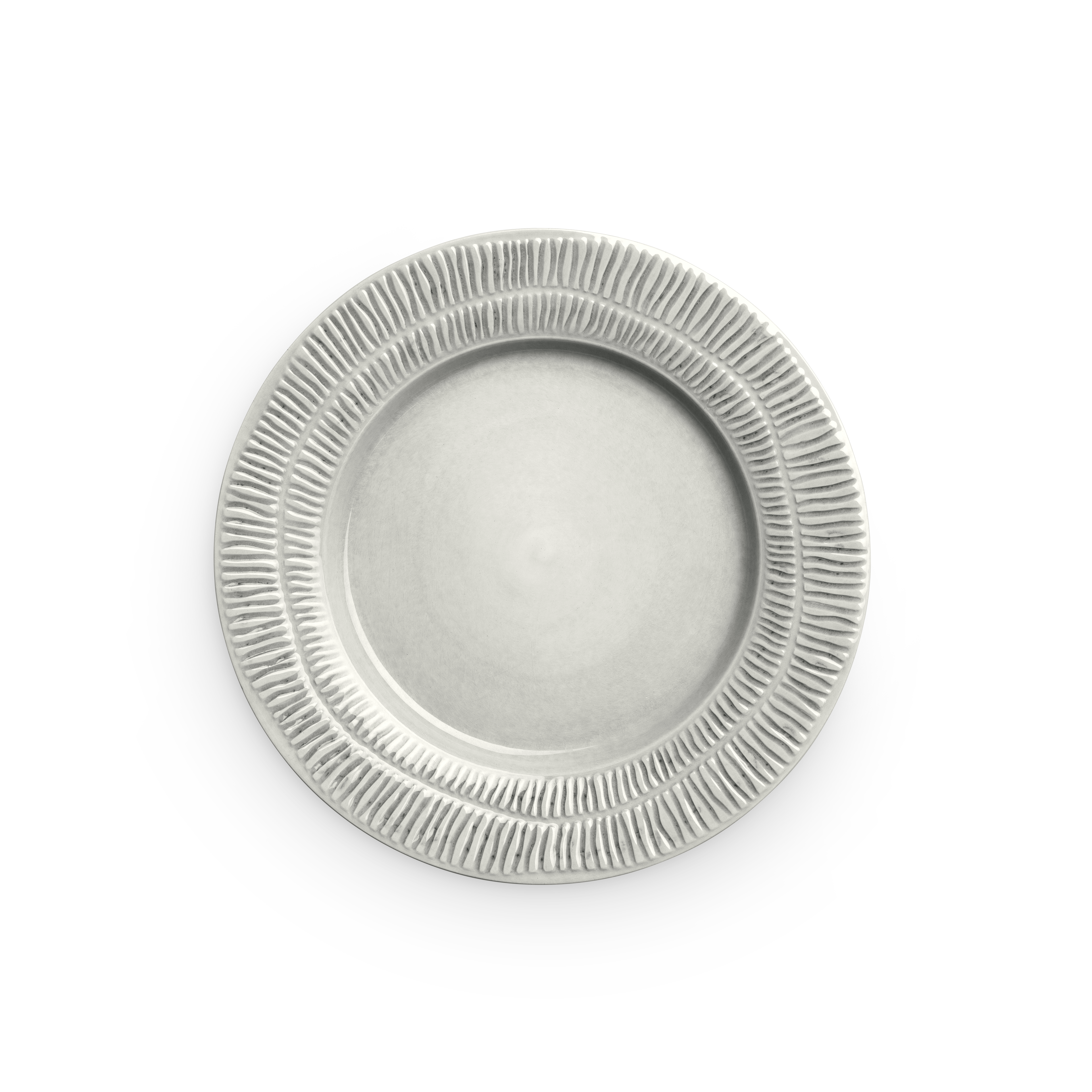 grey decorative plate with textured rim on a white background
