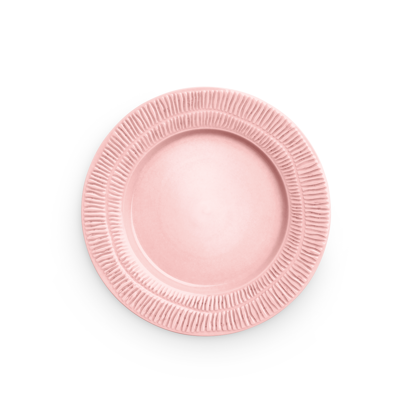 Pink plate with textured rim on a white background