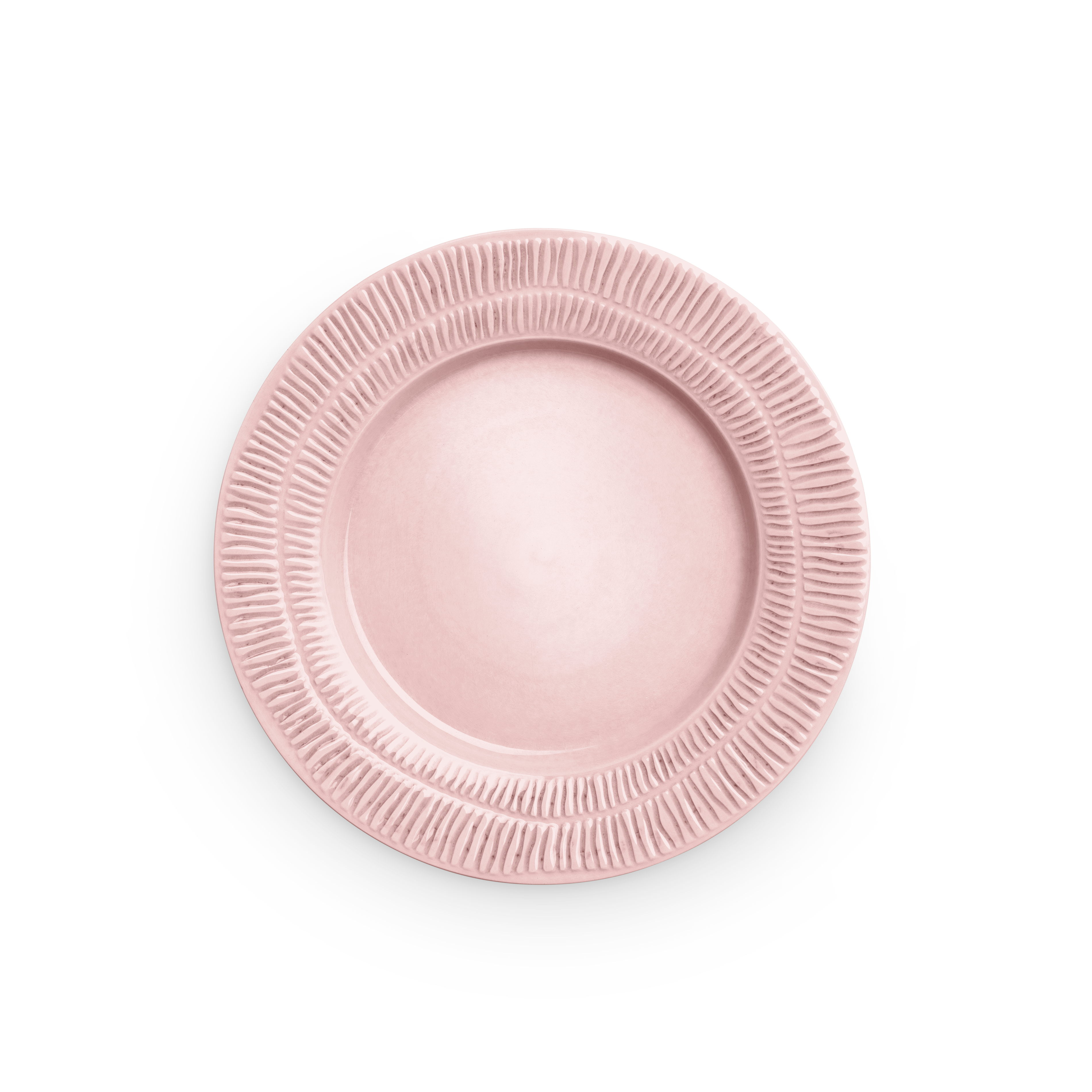 Pink plate with textured rim on a white background