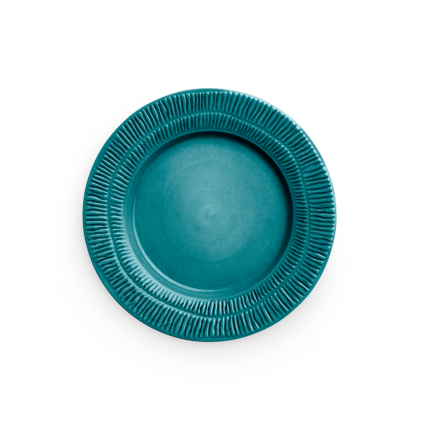 Teal ceramic plate with textured rim on a white background