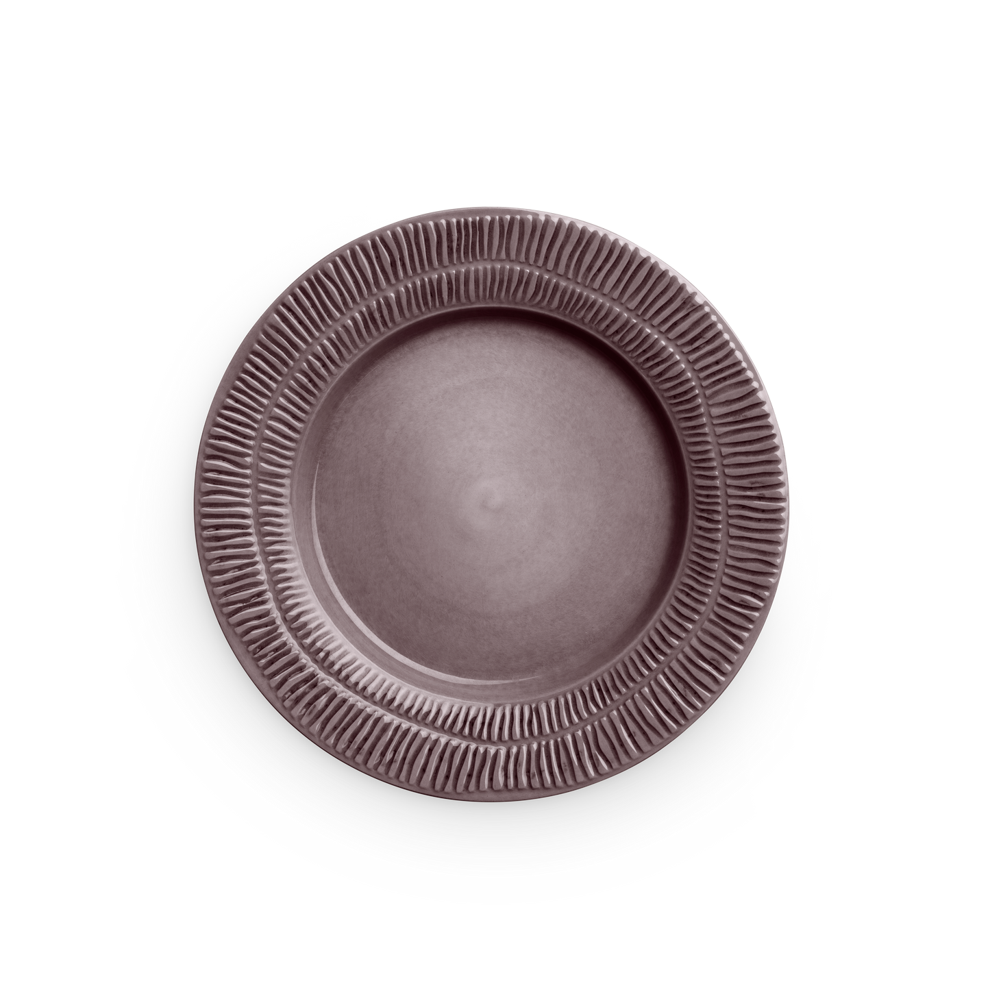 Plum ceramic plate with textured rim on a white background