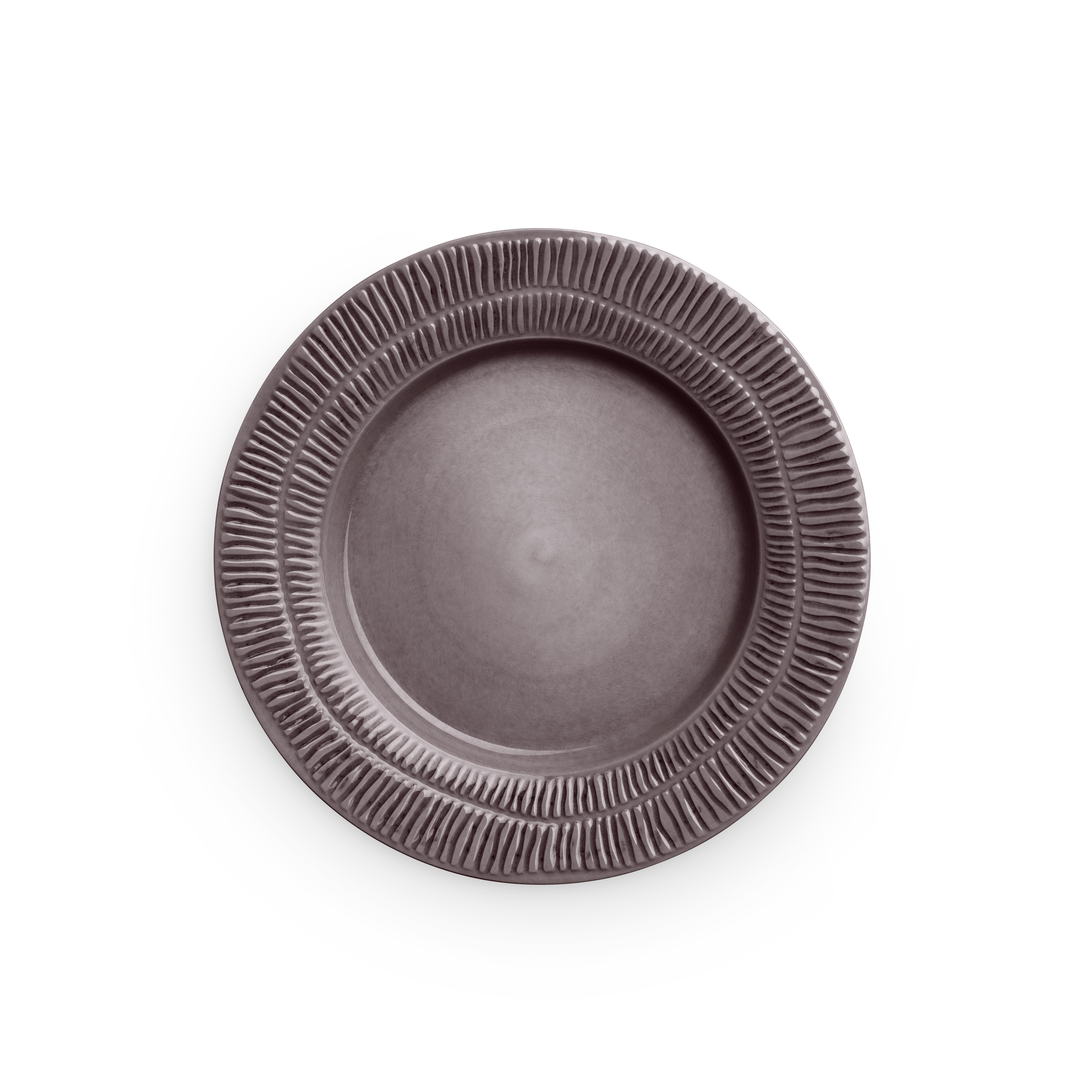 Plum ceramic plate with textured rim on a white background