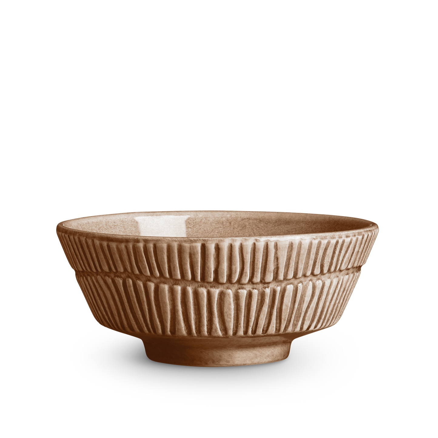 Brown ceramic bowl with textured design on a white background