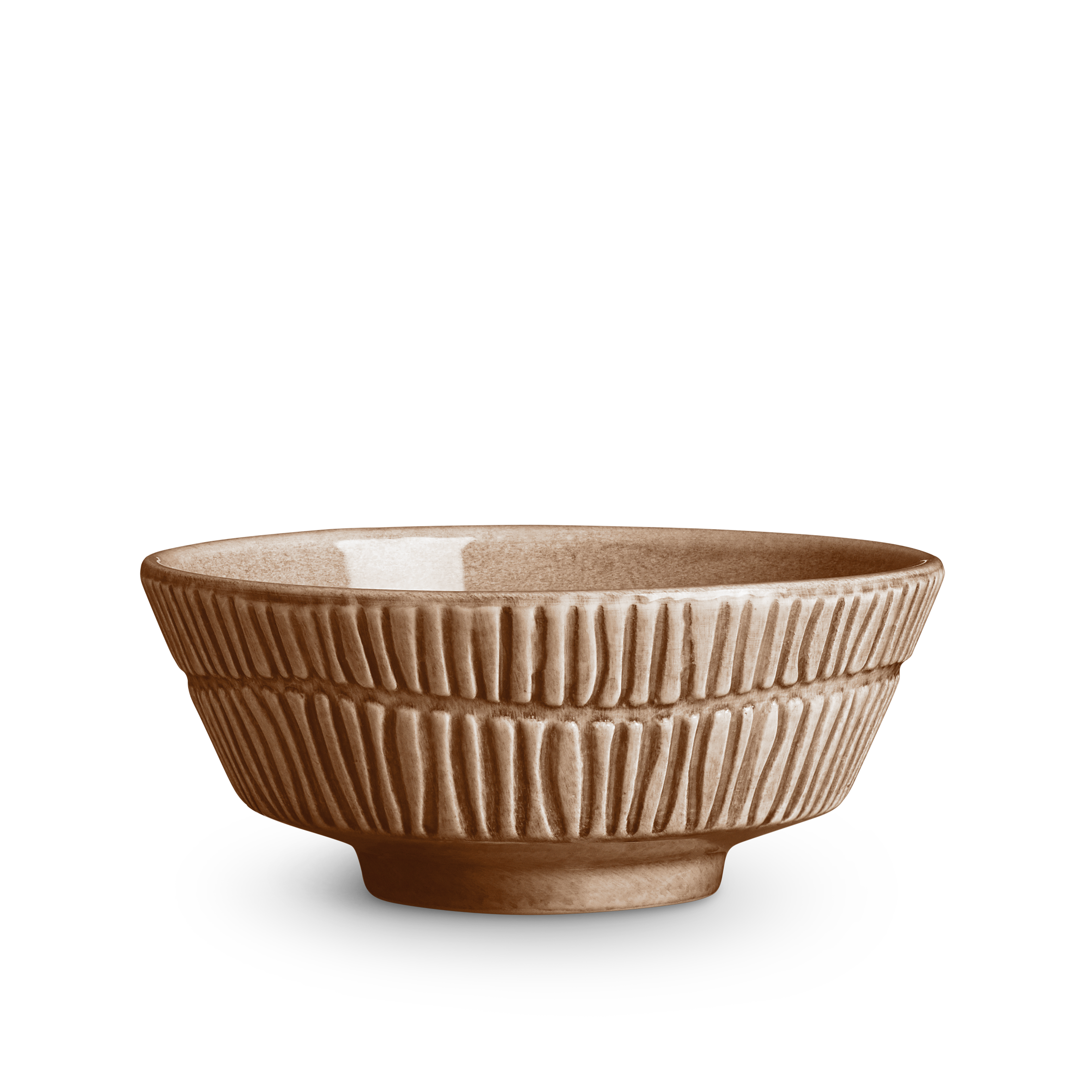Brown ceramic bowl with textured design on a white background