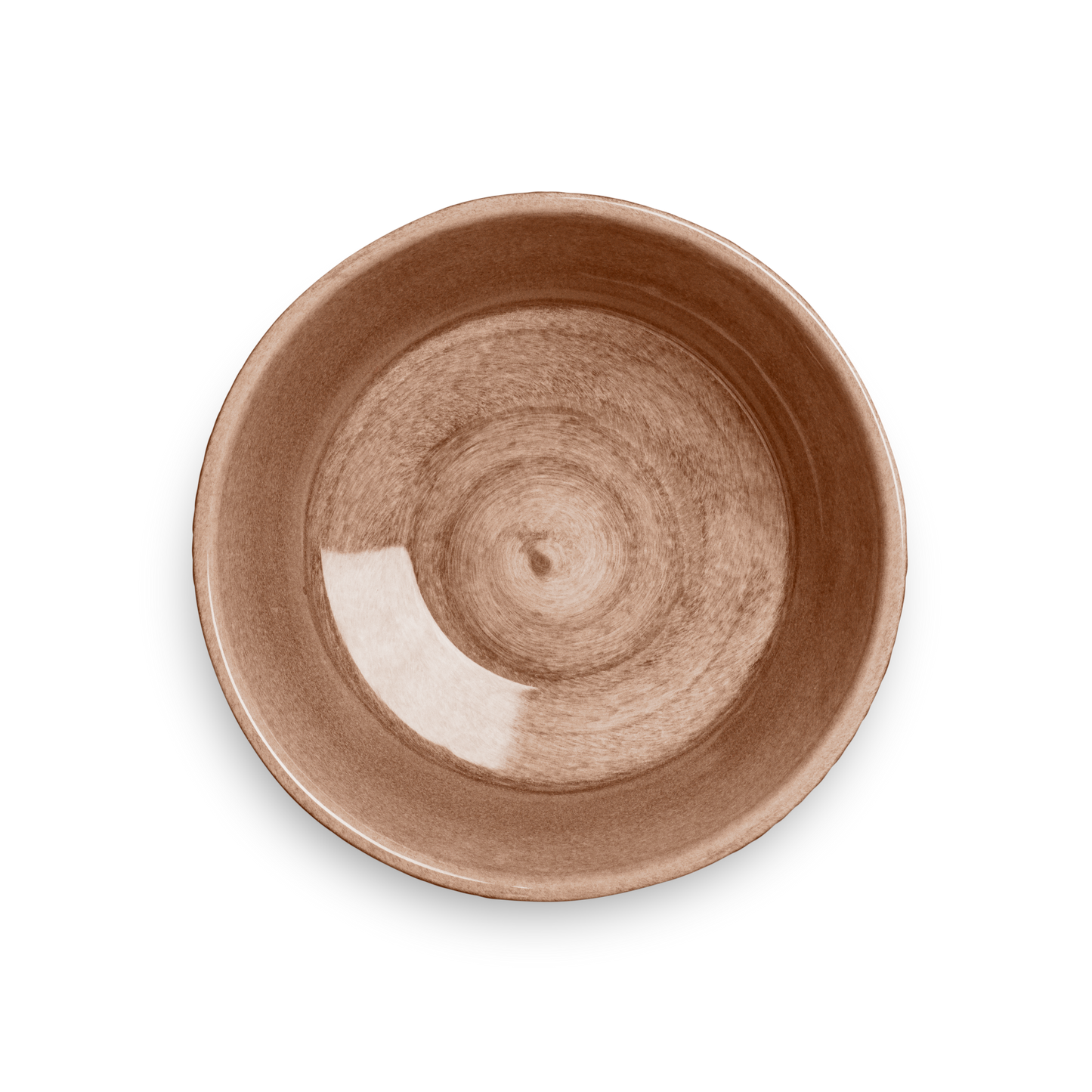 Brown ceramic bowl with a swirling pattern on a white background