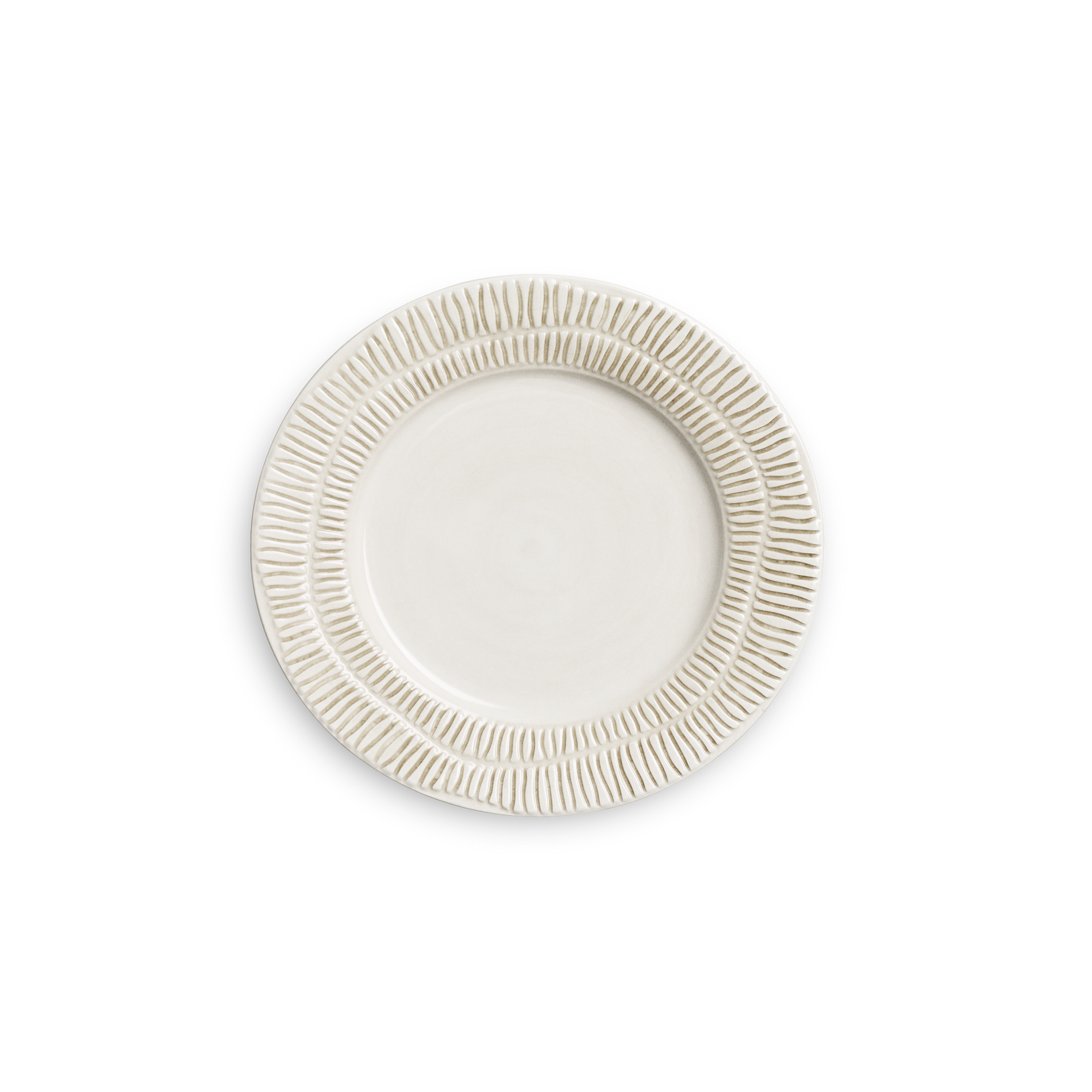 White ceramic plate with textured rim on a white background